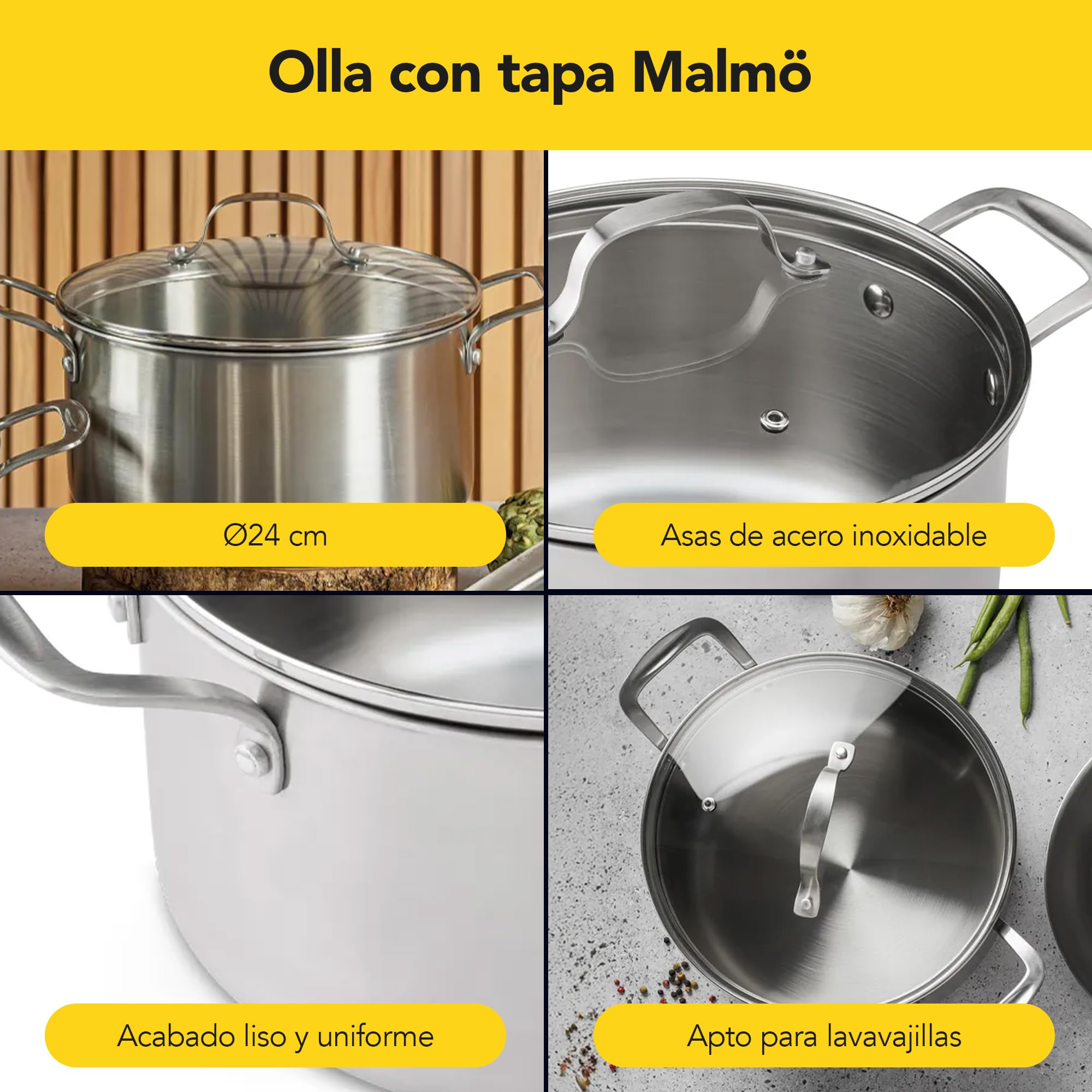 CASTEY - Olla con tapa de Malmö, 24 cm, Acero Inoxidable, Color Plateado, Tecnología Trimetal Induction, Distribuye de Forma Homogénea el Calor, Resistente y Duradera