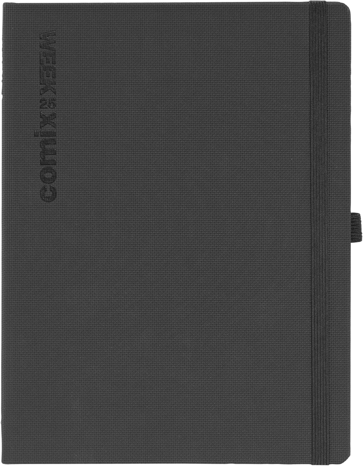 Comix, Large Vertical 2025 Weekly Planner 12 Months, Closure with Elastic Band and Side Elastic for Pen/Pencil Holder, Double Bookmark – 19 x 25 cm – Black