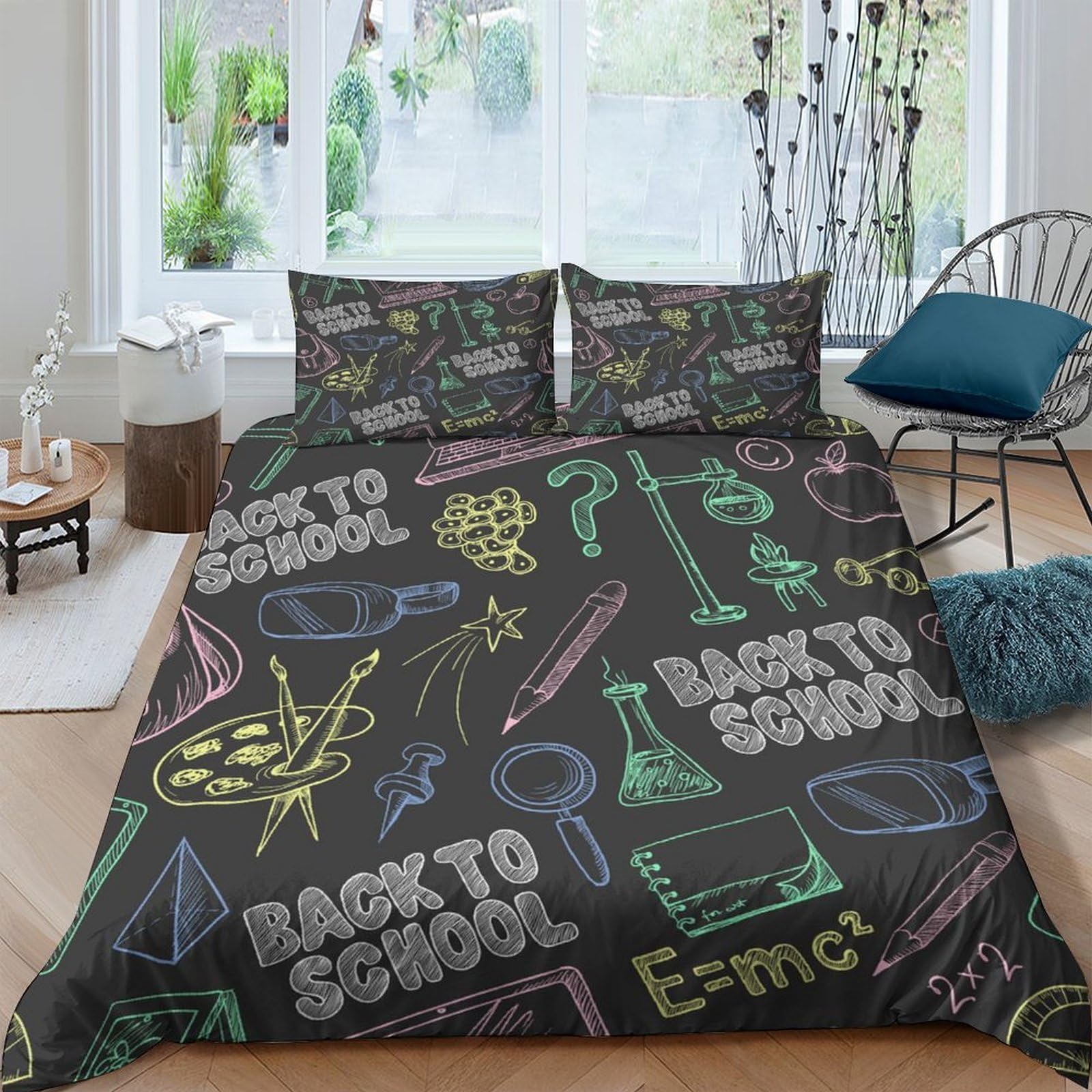 Ctjqhvkz Style-9 3D Printed Chalkboard Back To School Fitted Sheet Microfiber Anti-Slip Colorful Science Pattern Bed Cover For Home Dorm Bedroom Single（135X200cm）
