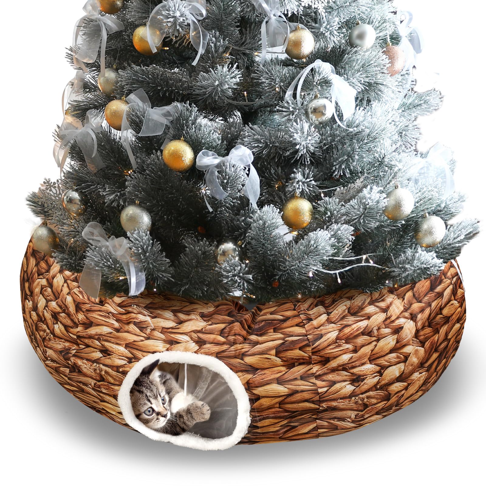 Soulchen Christmas Tree Cat Tunnel Bed 3FT x 3FT x 9.8IN Indoor Cat Donut Tunnels Peekaboo Cave Toy 3 Way Winter Holiday Decor for Kitty Rabbit Ferret Puppy(Woven Brown)