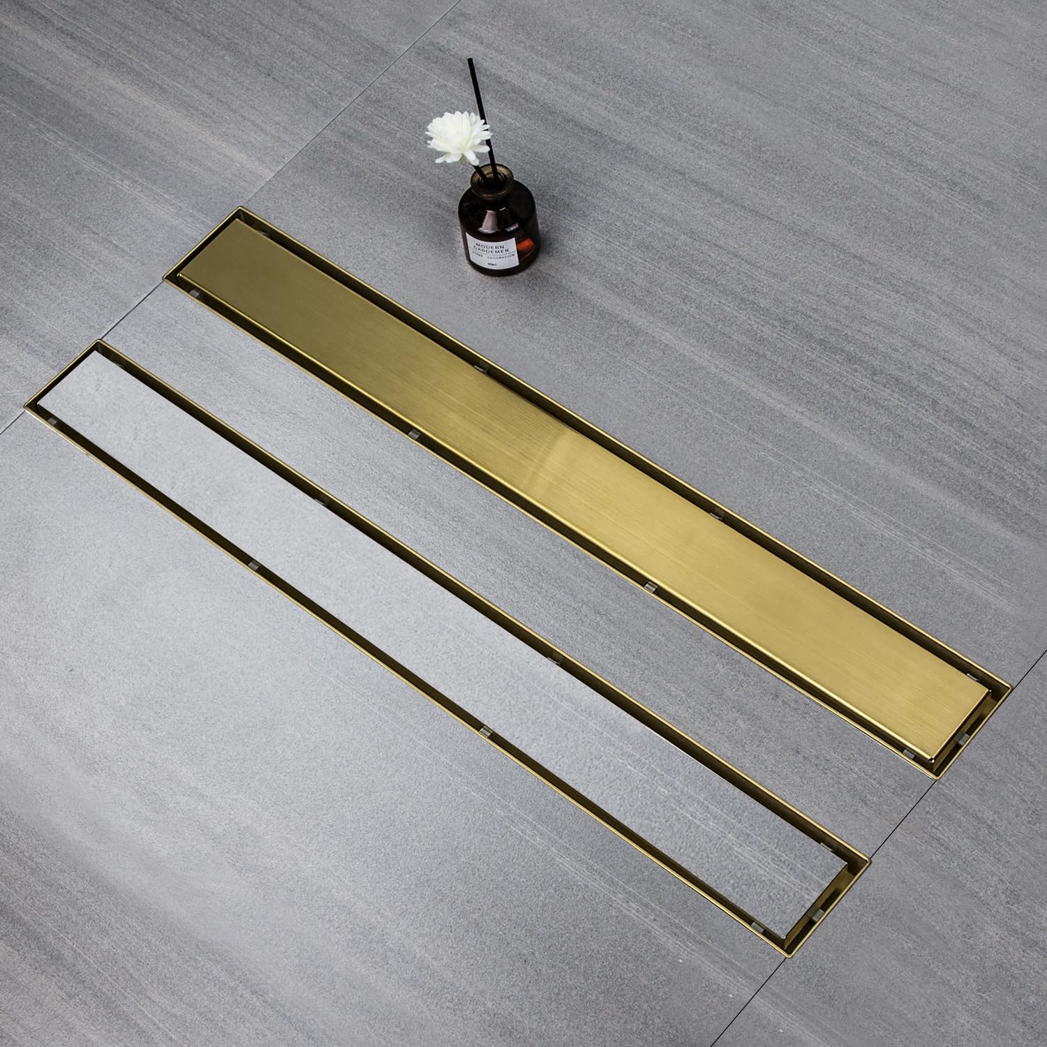 Duschrinne 120 cm, Gold Befliesbar Edelstahl Duschrinne flach | Edelstahl Bodenablauf Komplettset mit Siphon Haarsieb