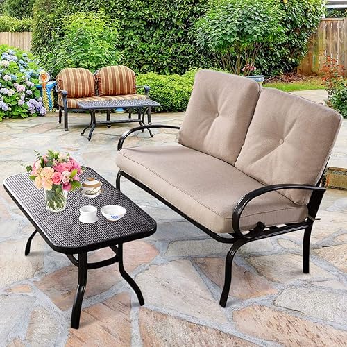 Miniatura 4 de HAPPYGRILL 2 Piece Patio Loveseat with Coffee Table Outdoor Garden Backyard Bench Sofa with Cushion