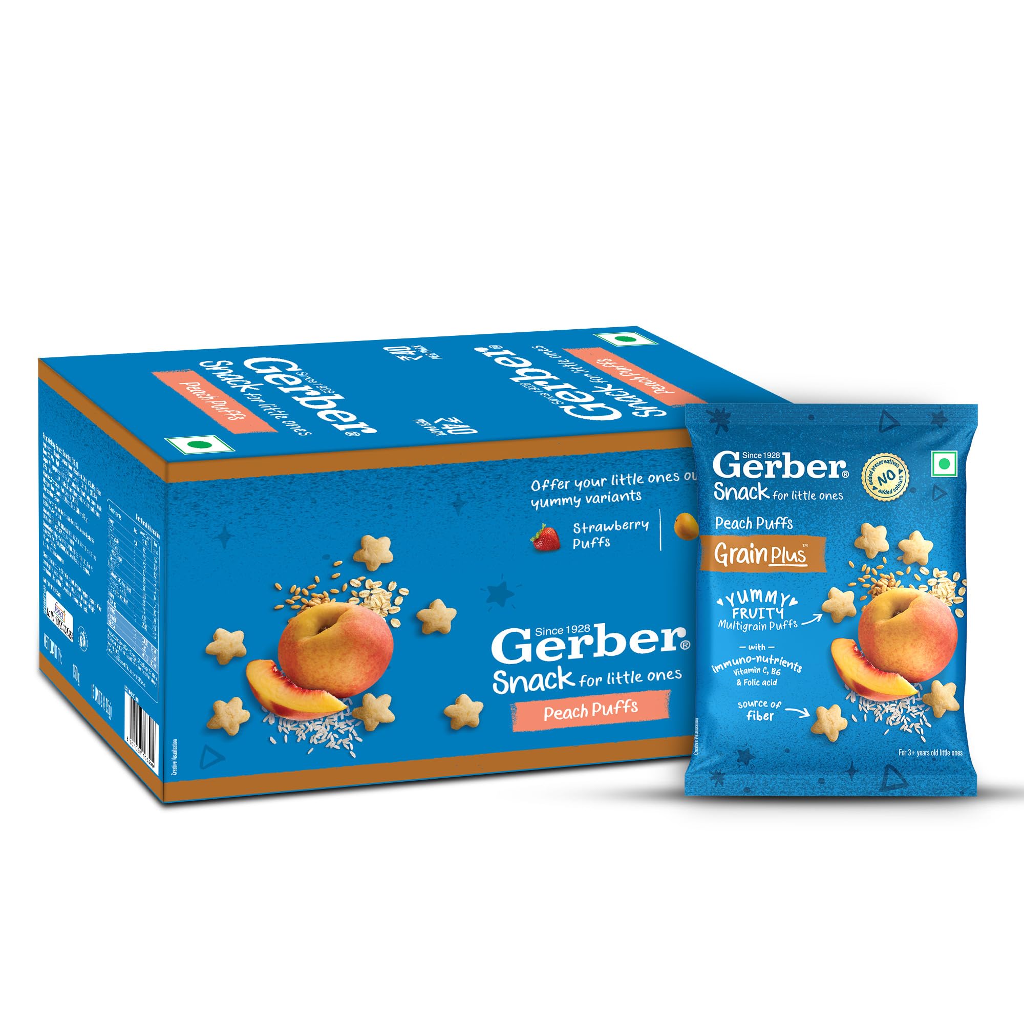 Gerber Snacks Peach Puffs for Kids, Yummy and Nutritious, Made with Multigrain Oats, Wheat & Rice, No Added Colors or Preservatives, Travel Friendly & Ready to Eat Snack for Children, 150g (6X25g)