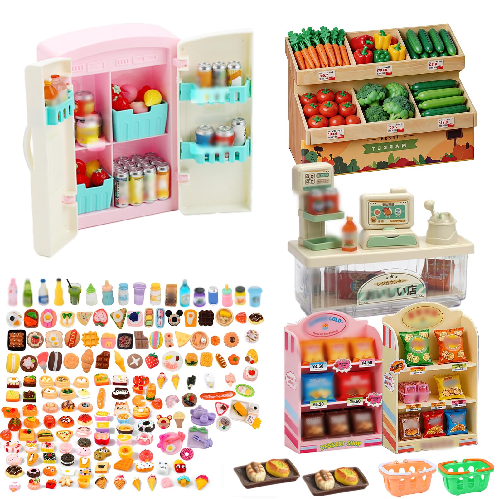 112Pcs Miniature Shopping Food Drink Bottle Set, Mini Food Supermarket Basket Shelve Vending Machine for House Accessories, Mini Fridge Ornaments Verse Make It Mini Food