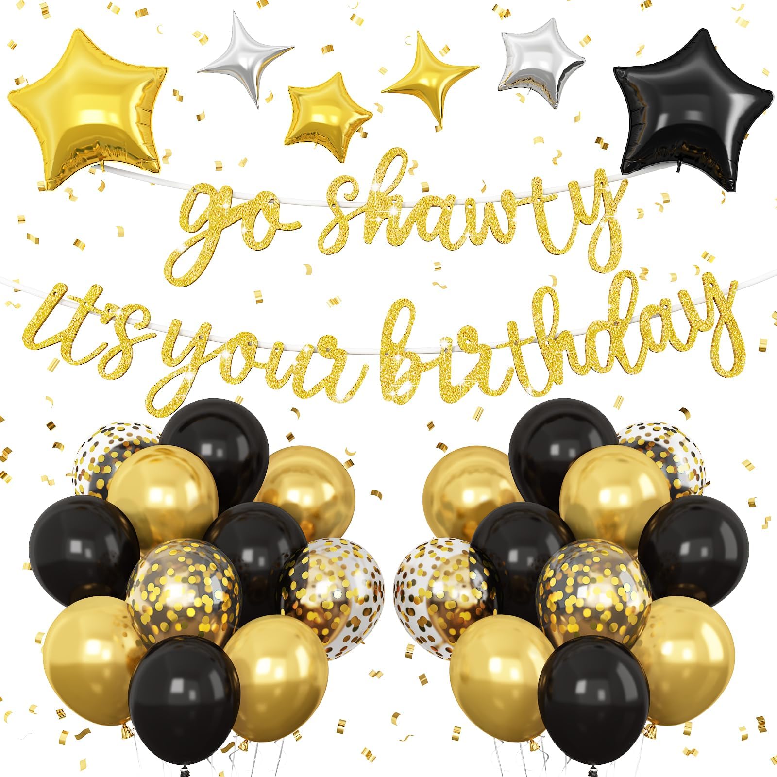 Gold Go Shawty It's Your Birthday Banner Balloons Set, Glitter Happy Birthday Banner with Black Gold Confetti Balloon Star Foil Balloon for Man Women
