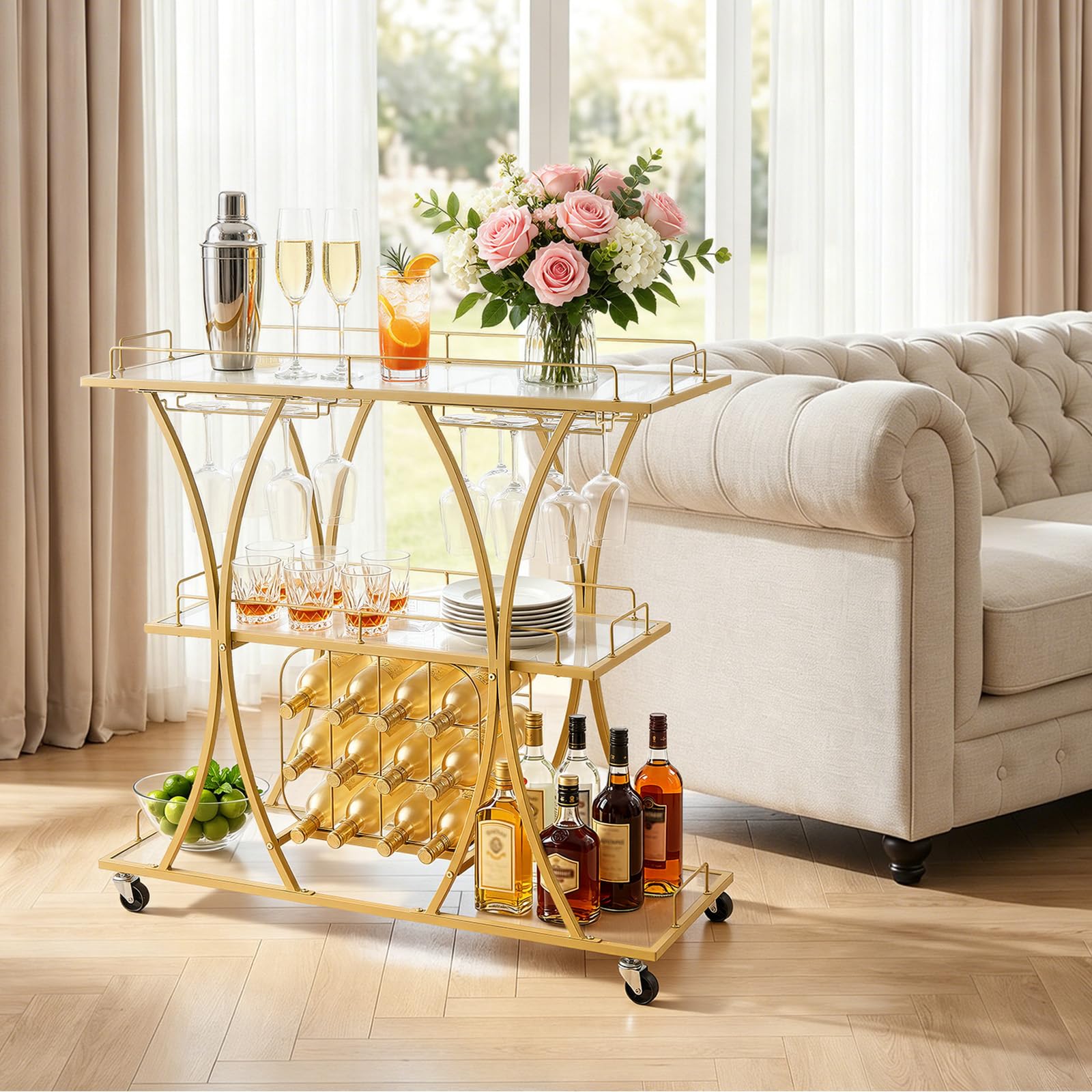VEVOR Carro de Bebidas con Botellero de 3 Niveles, Carrito de Servicio con Ruedas, Estantes de Vidrio Espejado, Soporte para Copas, para Sala de Estar, Comedor, Cocina, 100 x 35 x 94 cm, Dorado