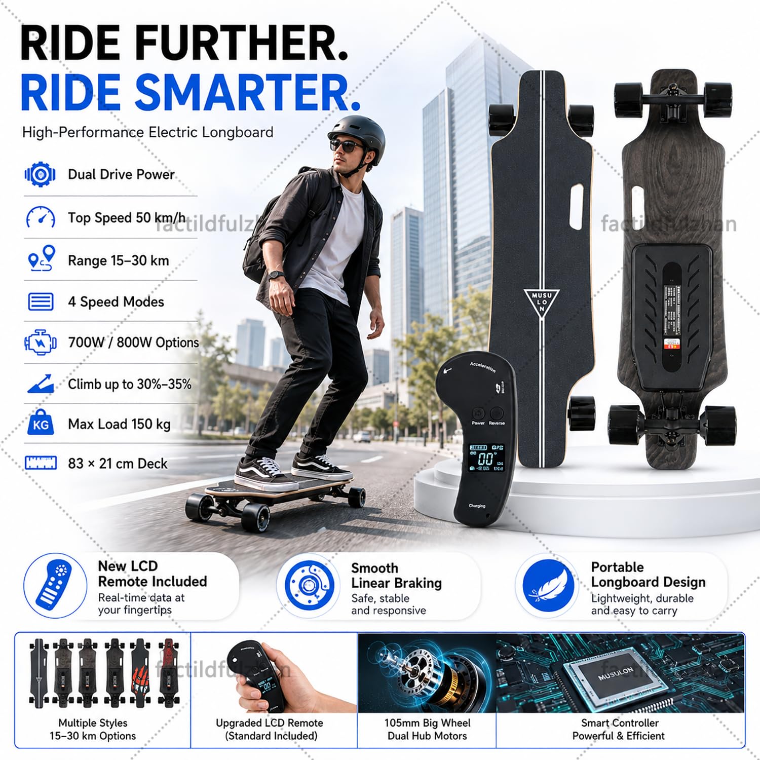 Elektro Longboard, Neues Elektrisches Skateboard mit LCD Remote, Dual Drive Output, 150 kg Belastung, 83 x 21 cm Ahorn-Deck, PU-Rollen, tragbares Board für Park und Campus B30km