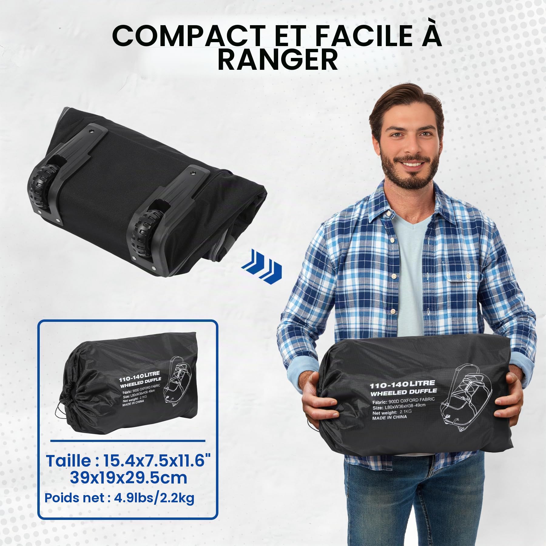REDCAMP 110-140L Sac de Voyage à roulettes Extensible | Transport Main/Épaule/Traîné | sans Tige Télescopique - Pliable et Compact | Grand Sac Duffle pour Sport, Camping, Randonnée, Voyage - Noir