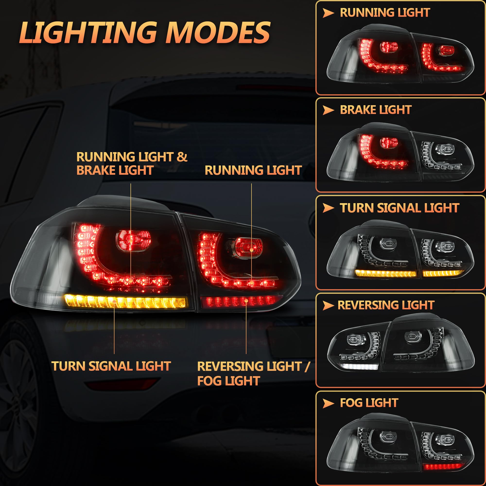 VLAND LED Fanali posteriori per Golf 6 GTI TDI TSI GTD R 2008-2013, Con indicatori di direzione dinamici, 1 coppia – Nero