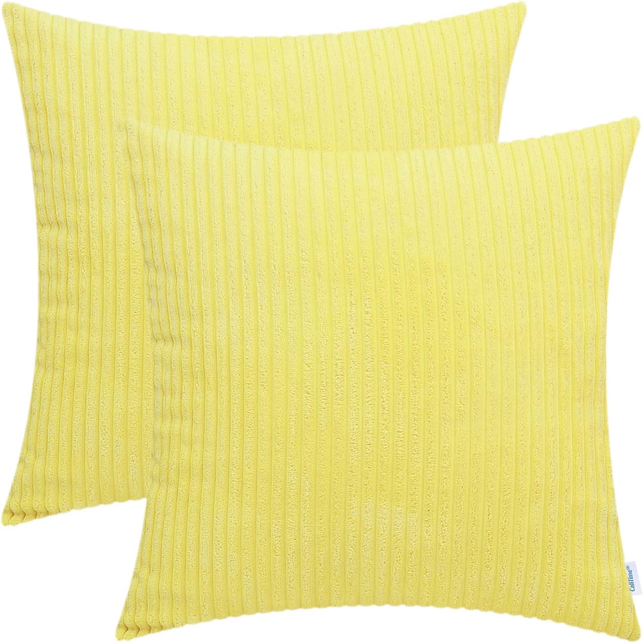 CaliTime Pack of 2 Cozy Throw Pillow Covers Cases for Couch Sofa Bed Comfortable Supersoft Solid Corduroy Striped Both Sides 20 X 20 Inches Lemon Yellow