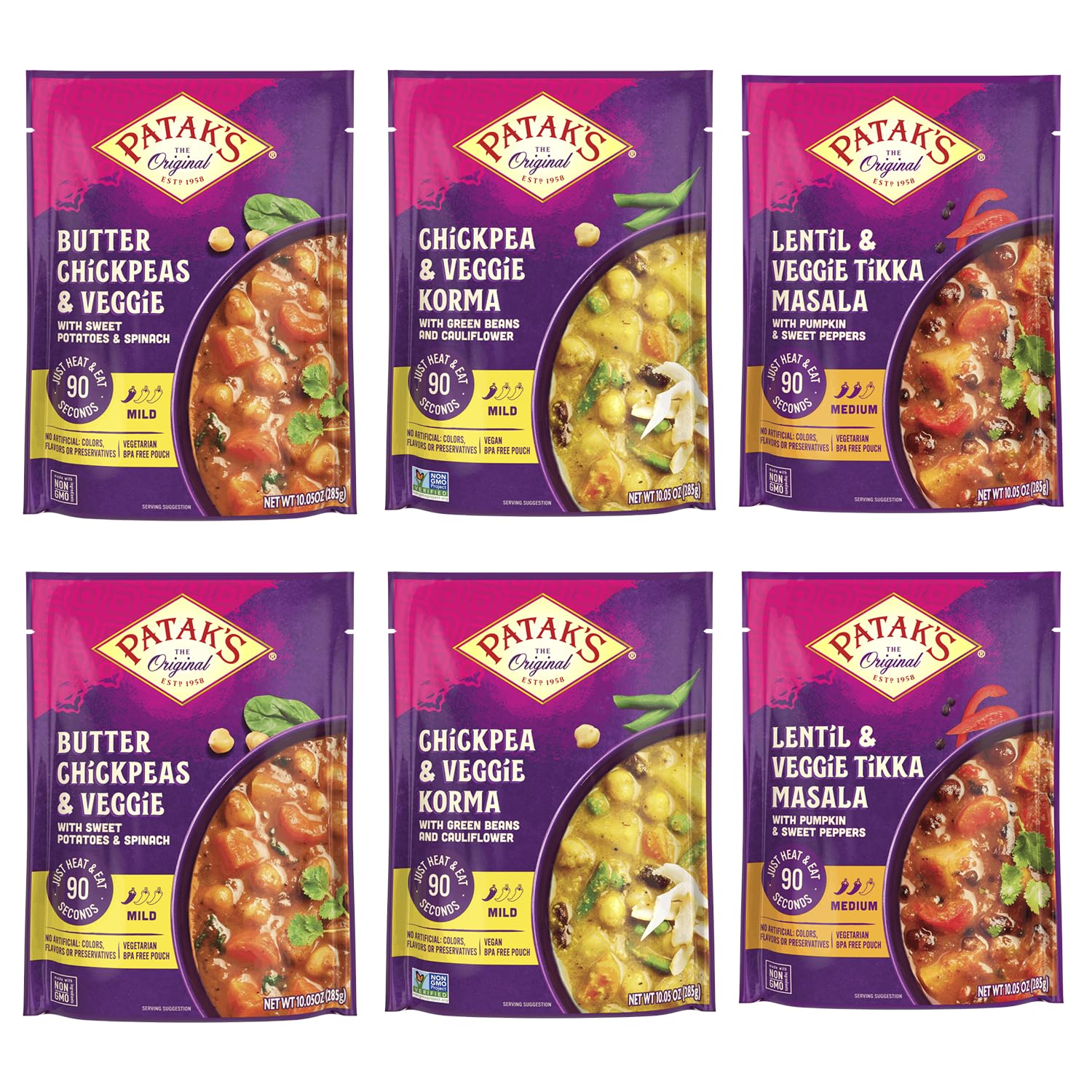 Patak's Ready-to-Eat Meals Variety Pack, Butter Chickpeas, Veggies, Chickpea, Veggie Korma, Lentil, Tikka Masala, Microwave for Quick Dinners, Lunch, Serve with Rice, Naan, 10.5 oz, 6-Pack