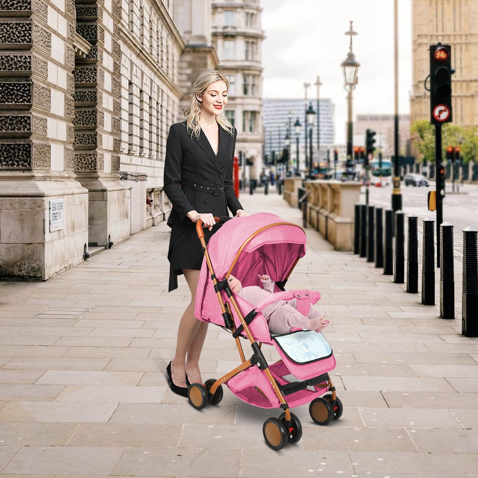 3 Passeggino a canna per bambini, ultra leggero, compatto, pieghevole compatto, da 0 a 25 kg, limite di peso 25 kg, schienale 4 posizioni, copertura antipioggia inclusa e tetto estensibile -B-rosa