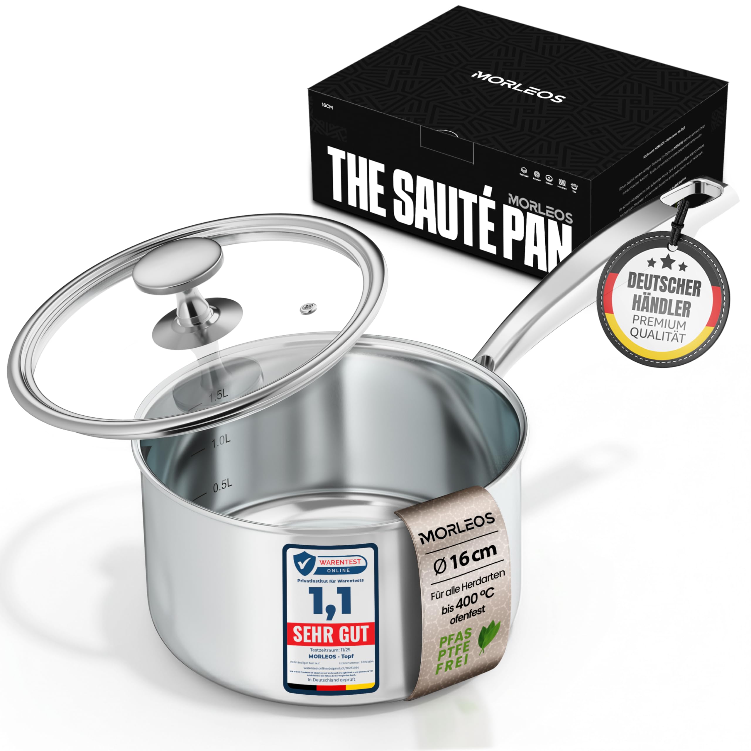 MORLEOS Stielkasserolle Edelstahl - 1,7 Liter, Ø 16x10 cm, 1,3 kg - mit modernem, flachem Glasdeckel - energiesparender kleiner Topf aus 5-Schichten - Induktion
