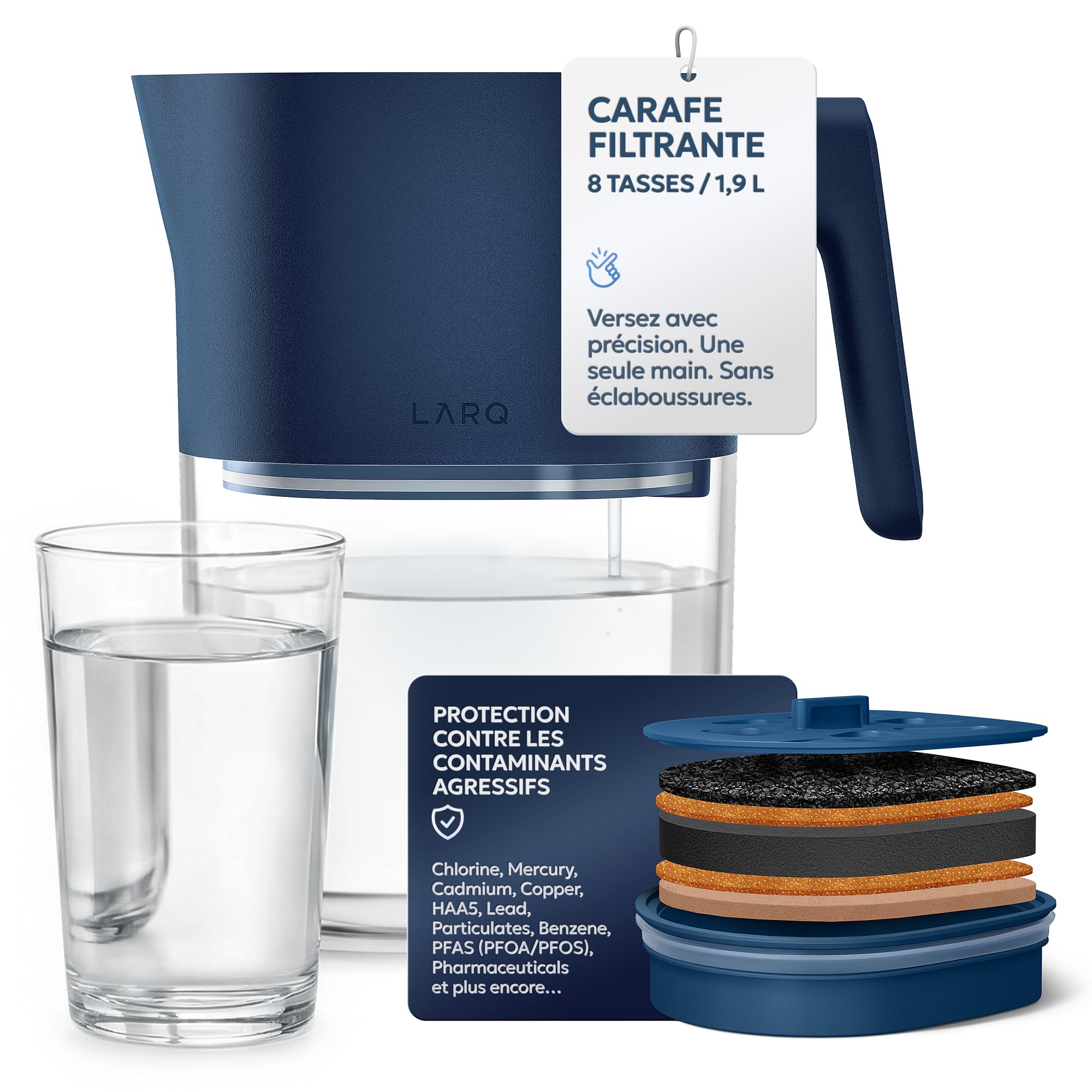 LARQ Carafe filtrante 1,9 L – Filtre Nano Zero élimine le chlore, le plomb, les PFAS et plus encore - Monaco Blue