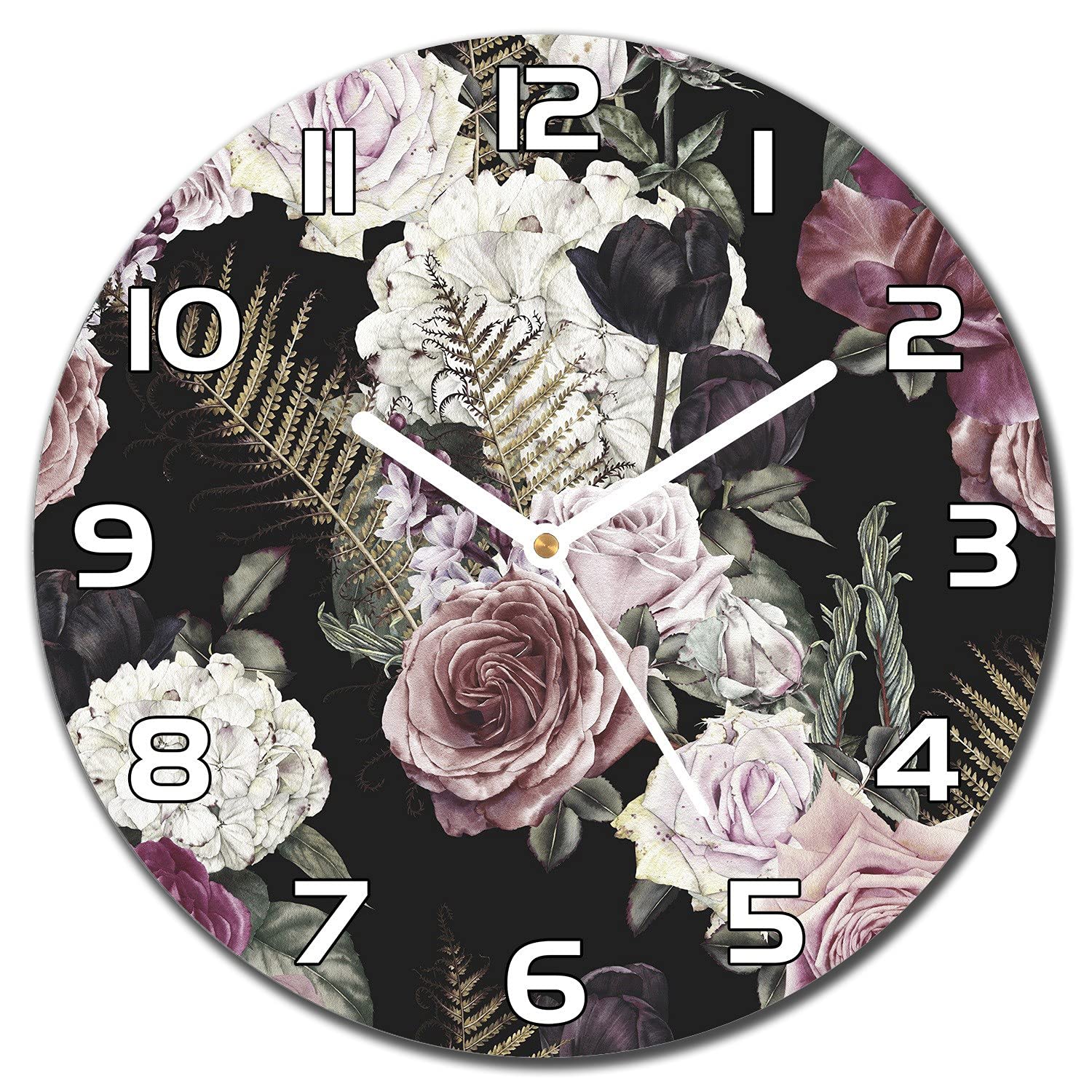 Horloge en verre sécurité 30 cm Coloray Fleurs Romantiques aiguilles blanches