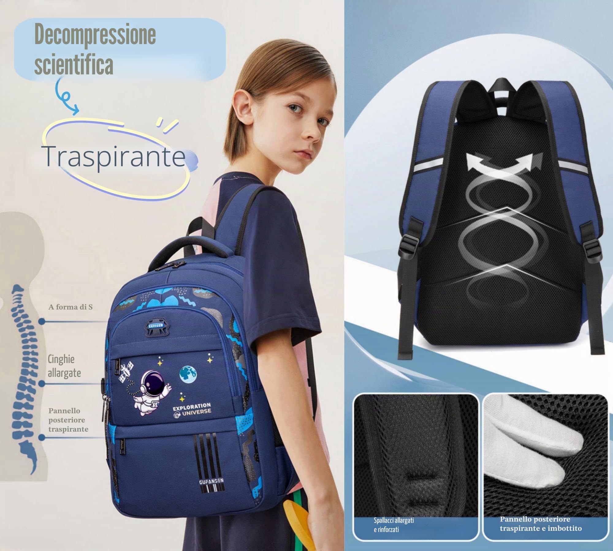 Zaini Spaziali per Ragazzi e Ragazze con Ciondolo Astronauta Borse per la Scuola, A02-blu, M