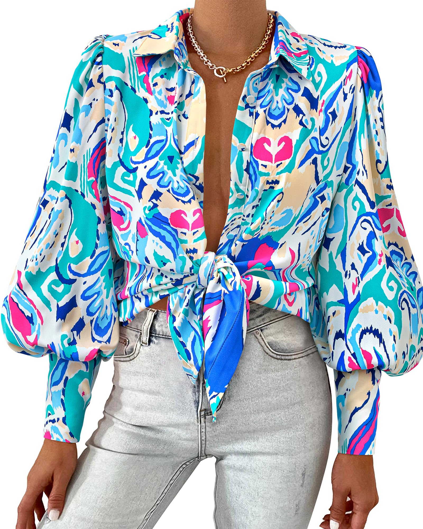 BTFBM Summer Blouses for Women Dressy Casual 2026 Long Sleeve Button Down Shirt V Neck Boho Spring Tops Fashion Clothing