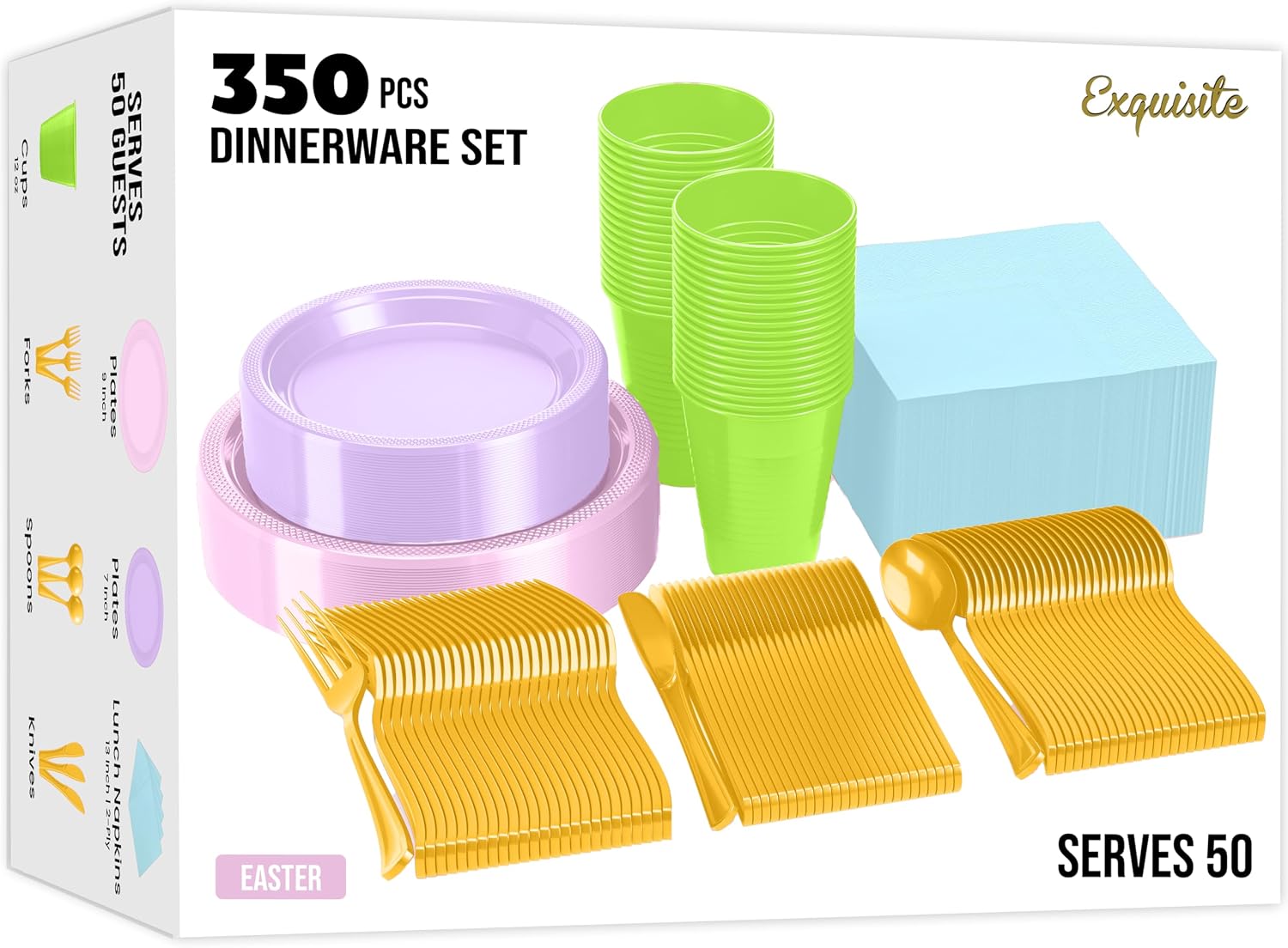 350 Pcs Yellow Plastic Plates For Party, Yellow Disposable Plates Set, 50 Of Each 9" Dinner Plate Set, 7" Dessert Plate, Cups, Napkins & Cutlery Plastic Dinnerware Set Exquisite