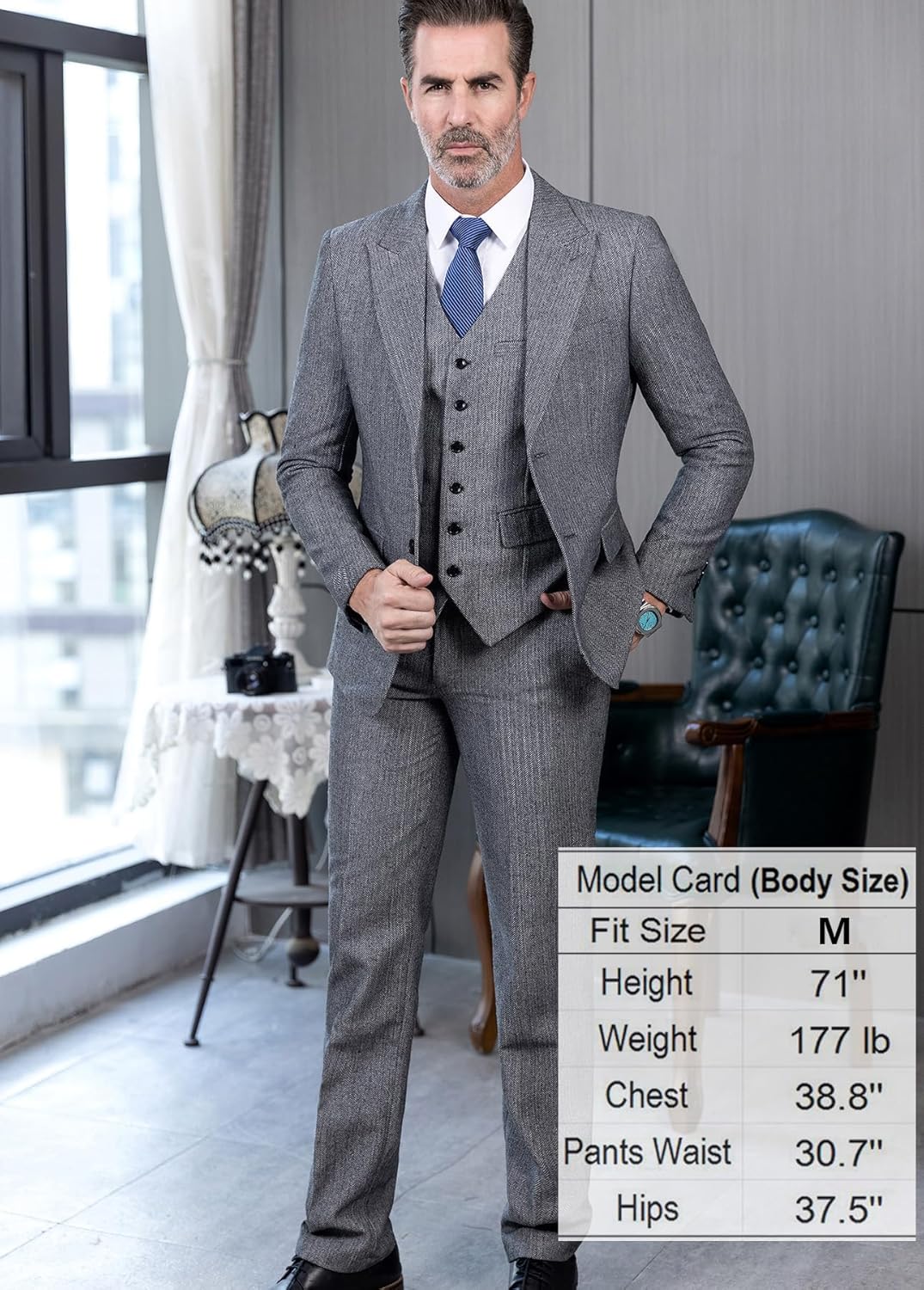 Mens Tweed Herringbone Wedding Suit Prom Tuxedos 3 Piece Peak Lapel Dress - Image 2