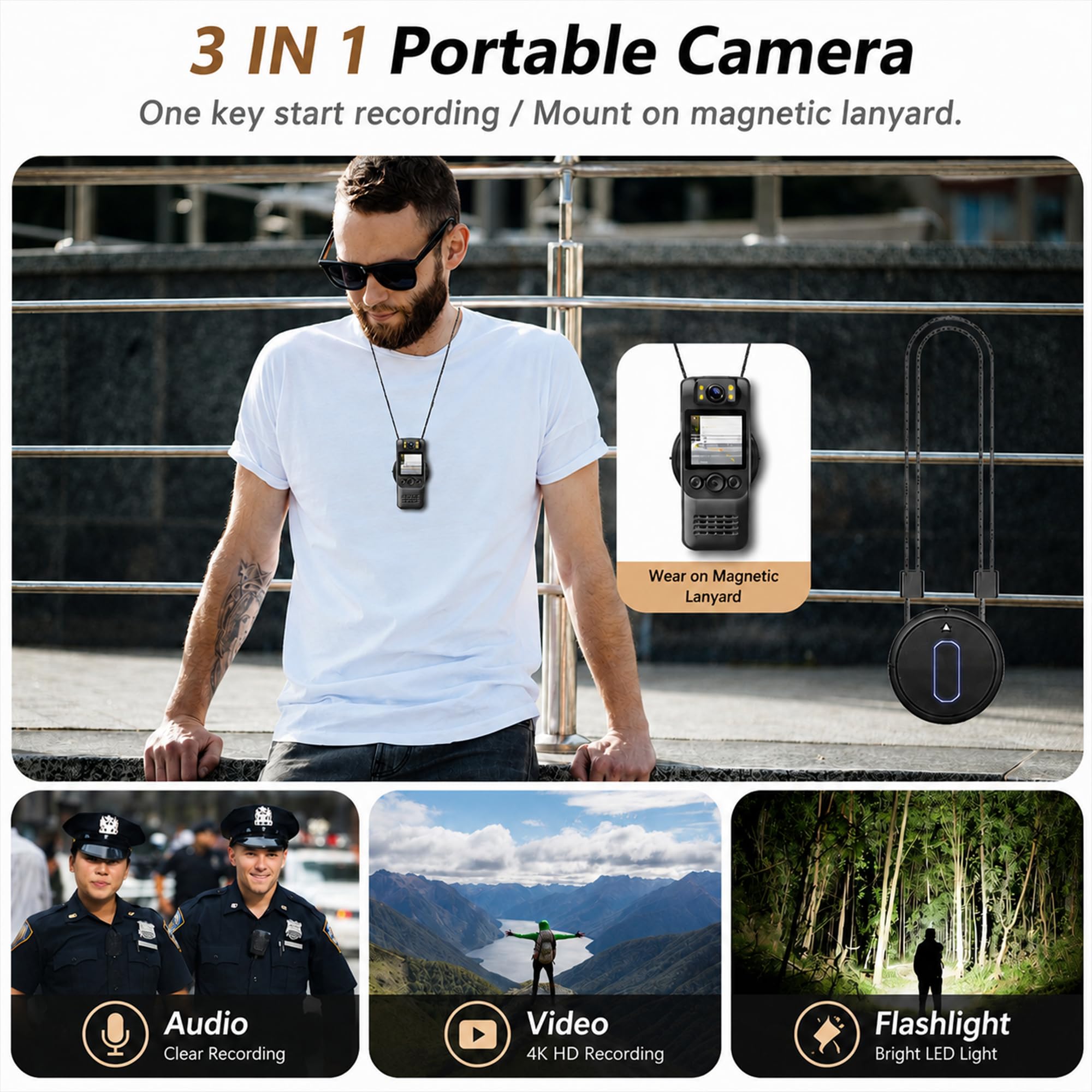 Caméra corporelle 4K avec enregistrement audio vidéo, mini caméra portable de 128 Go avec cordon magnétique, caméra corporelle pour voyage, cyclisme, sécurité au travail, police