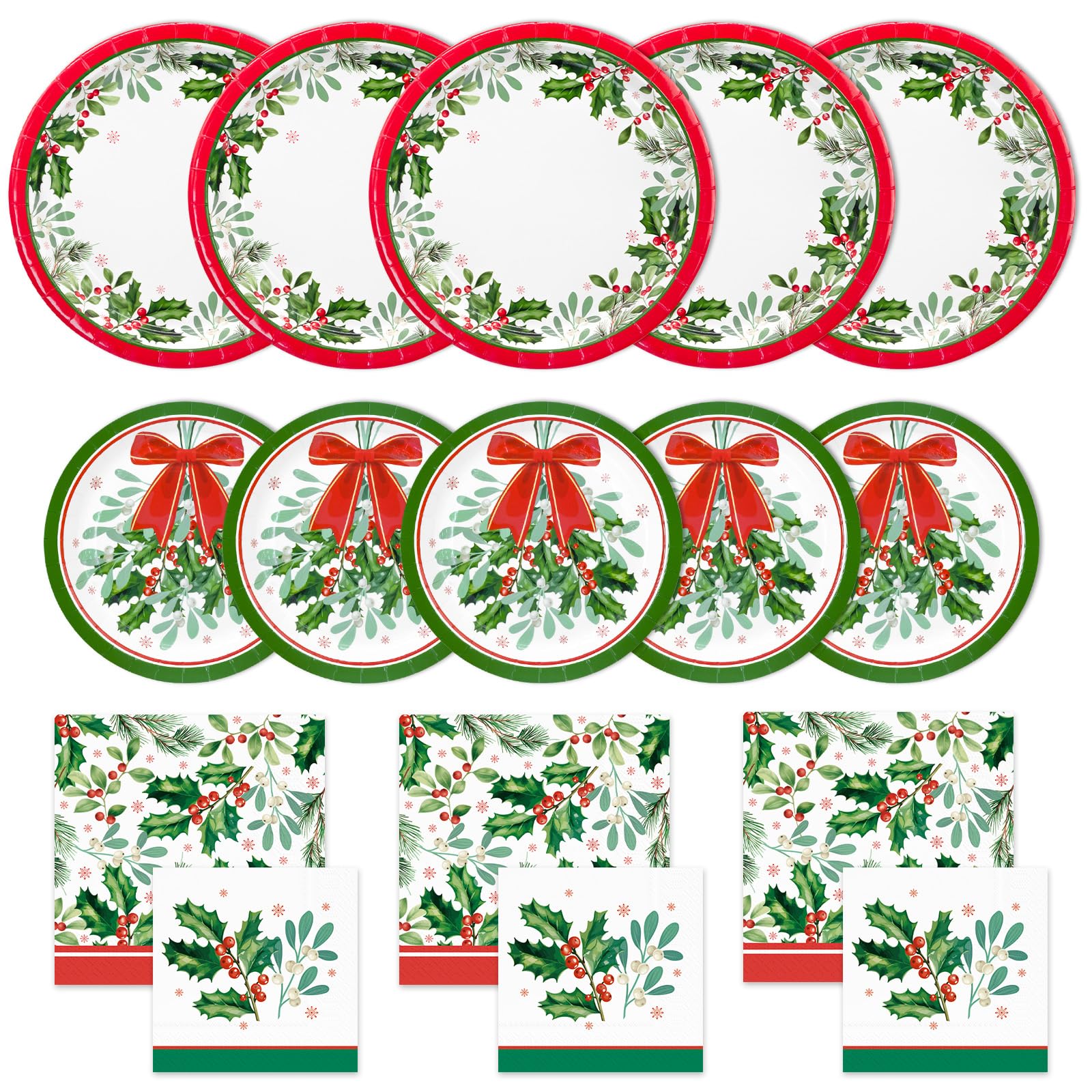 Christmas Holly Jolly Party Supplies 200 Count, Christmas Holly Mistletoe Disposable Dinnerware Set of Dinner Plates Dessert Plates Luncheon Napkins and Dessert Napkins for Merry Christmas Decorations