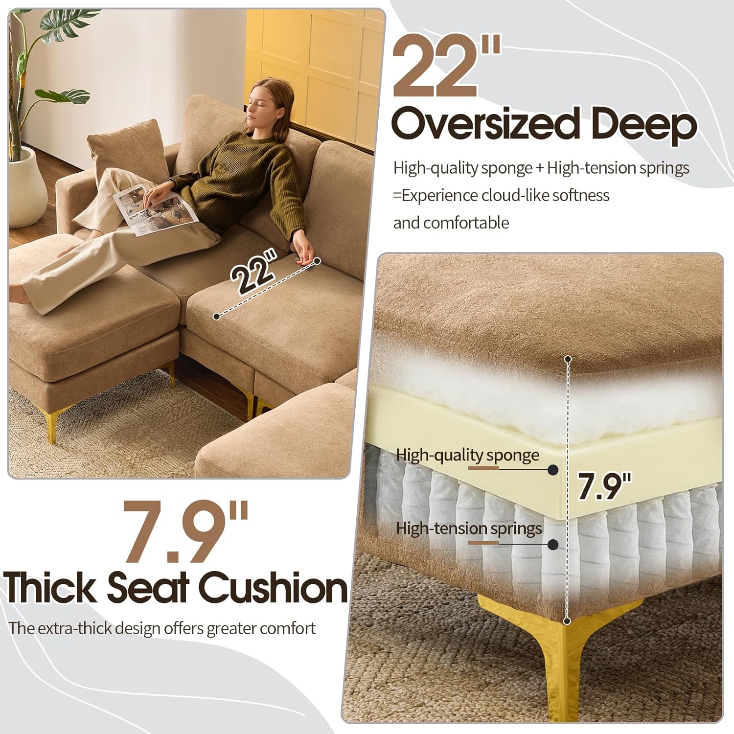 Close-up image showing the 22-inch deep seat and a cutaway view of the 7.9-inch thick seat cushion construction, highlighting high-quality sponge and high-tension springs.