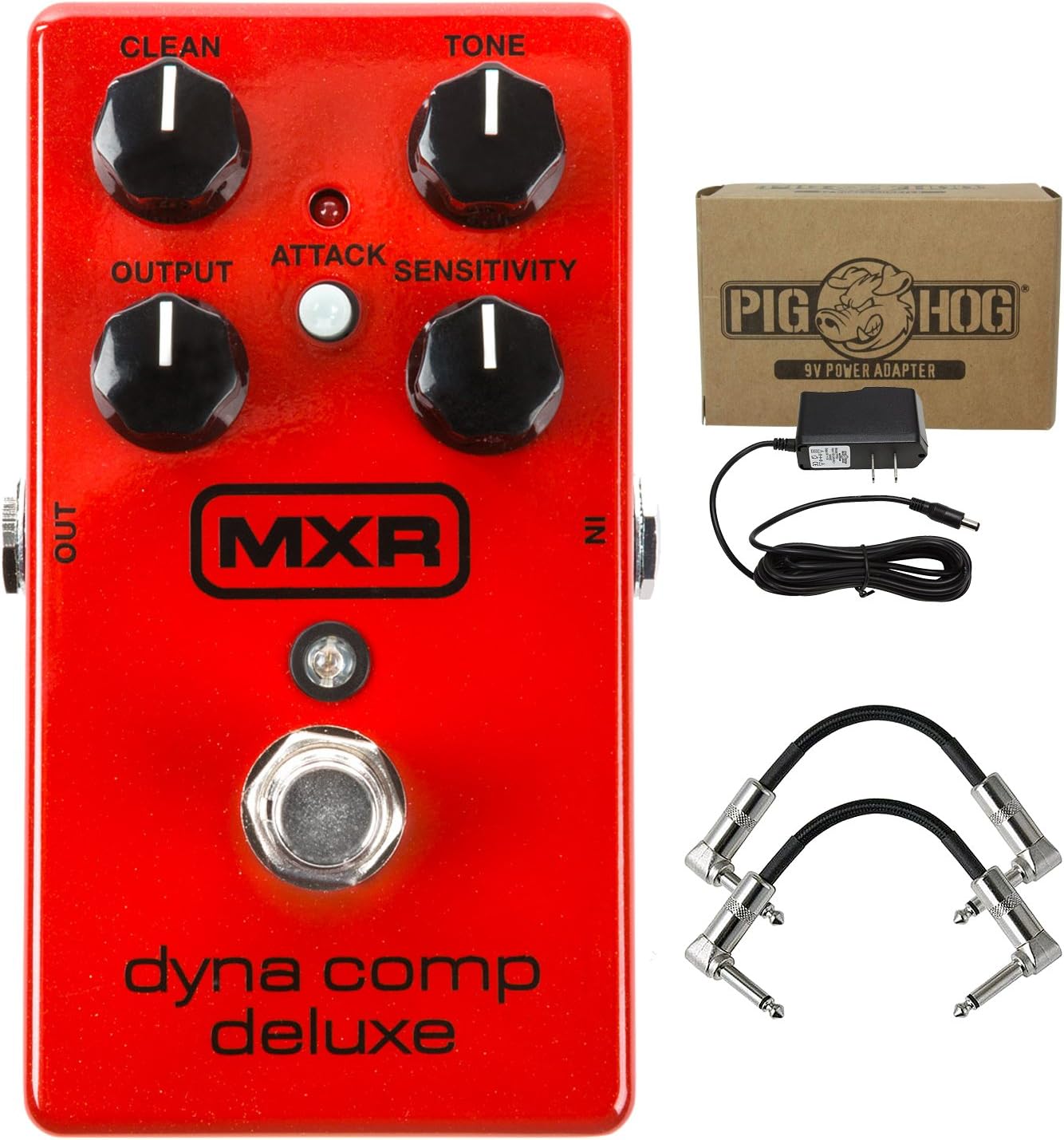 Dunlop M228 MXR Dyna Comp Deluxe Compressor Guitar Effect Pedal - Red with 9v AC Power Adapter and R-Angle Patch Cable