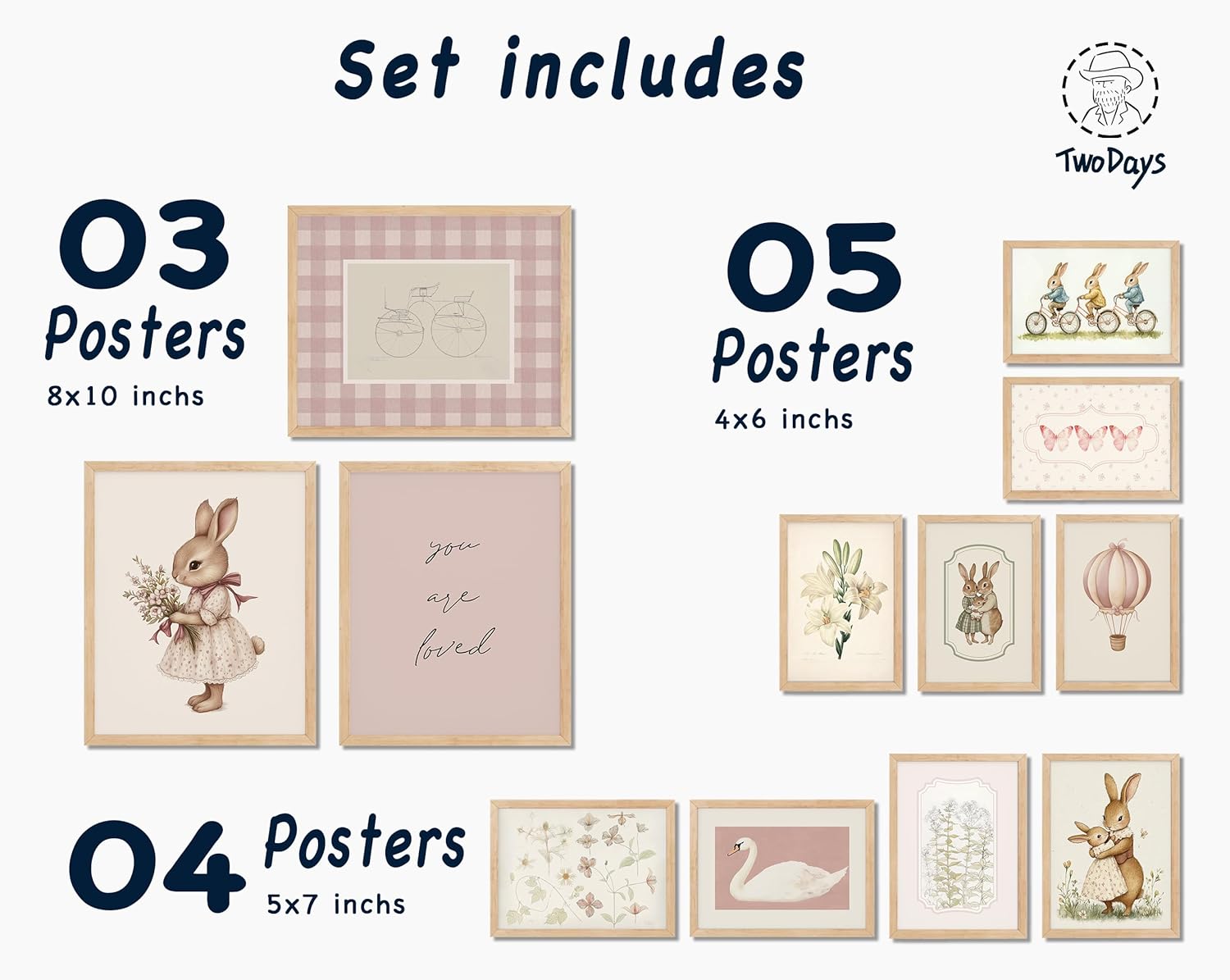 TwoDays Vintage Nursery Decor for Baby Girls, Pink Rabbit Bunny Wall Art for Toddler Kids Playroom, Swan Animals Posters for Bedroom (Multi Sizes, Set of 12, 8 × 10 Largest, UNFRAMED) image 2 of 7 B0DWDZ4GN4