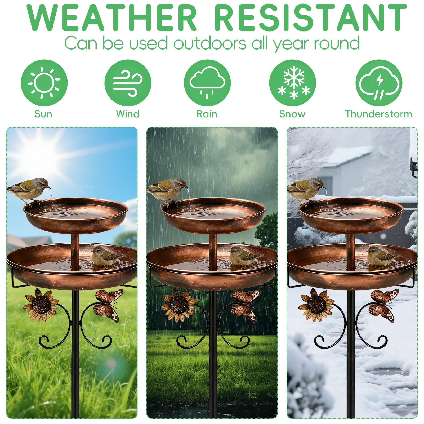 Lergas Bebedero para pájaros de pie, baño para pájaros para exterior, jardín, 2 en 1, de metal, bebedero para pájaros, bebedero para pájaros antiguos, resistente al invierno, para exteriores, balcón