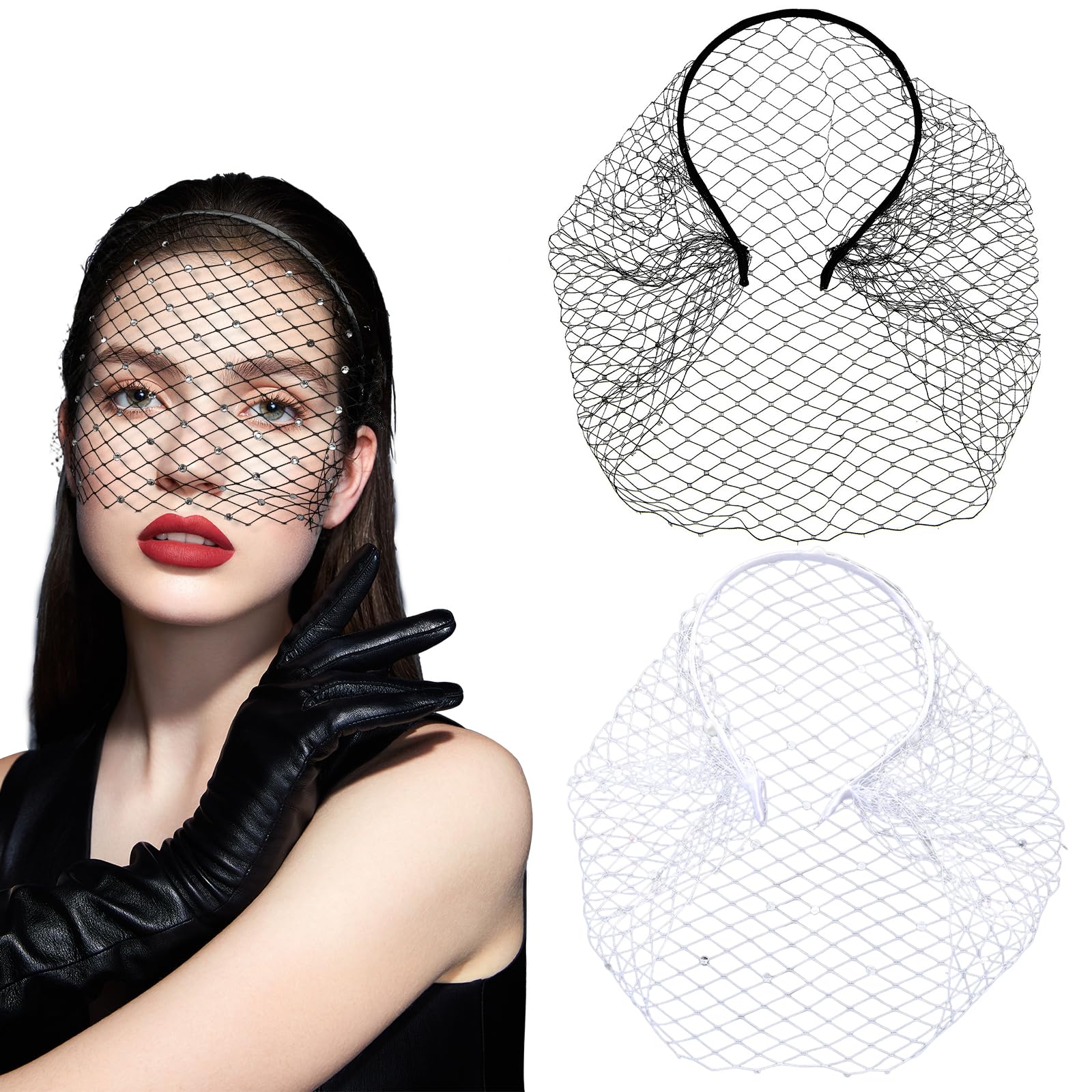 EUPSIIU 2 Piezas Diadema con Velo de Malla, Tocados de Boda, Diadema Velo Pelo aro Diadema, Tocado Diadema Novia, Tocado de Malla para Mujer Niña Accesorios Peinados Fiestas (Blanco, Negro)