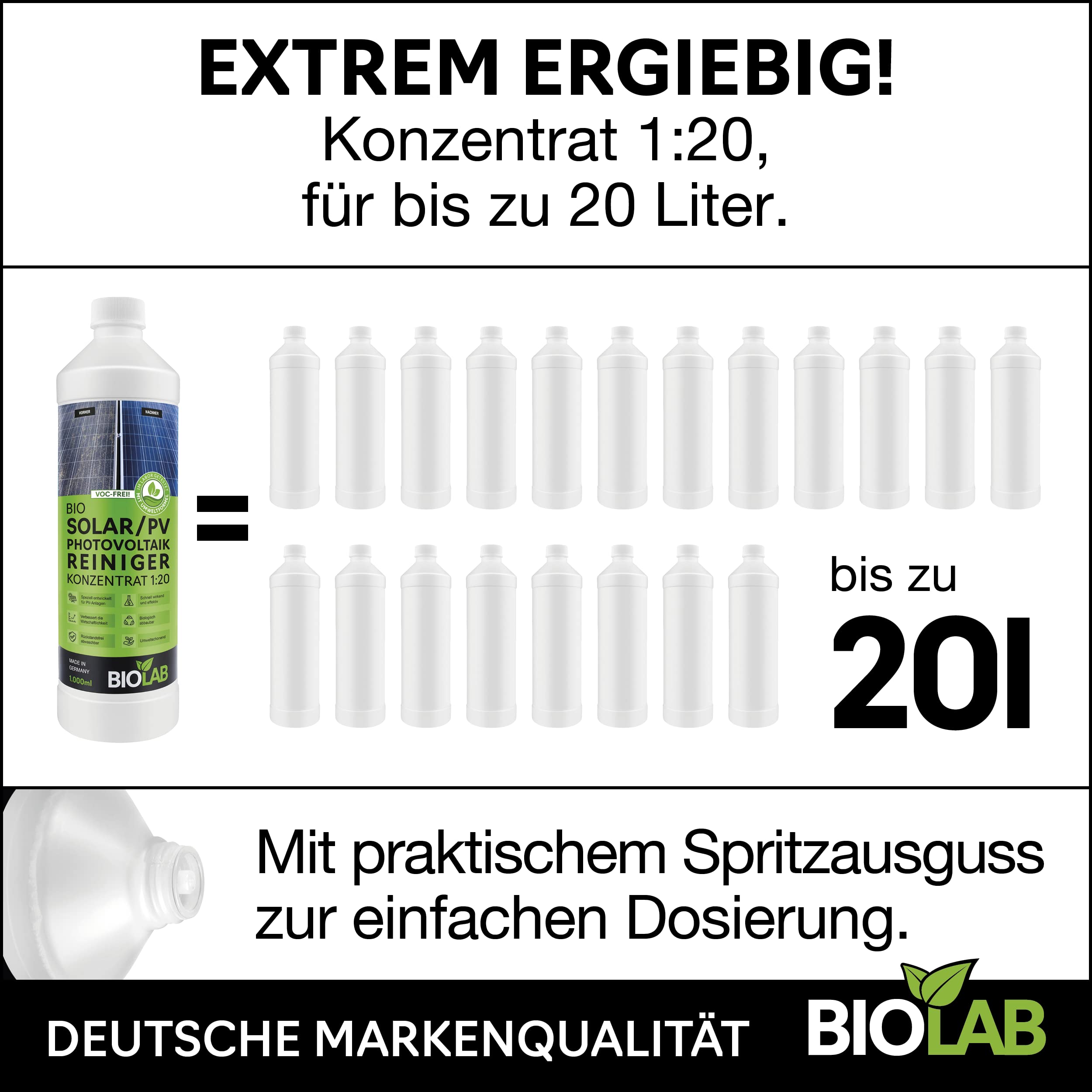 BIOLAB Detergente solare e fotovoltaico concentrato 1:20 (2 x 1 litro) per la pulizia di impianto solare, impianto fotovoltaico, pannello solare, pannello solare, impianto fotovoltaico, impianto