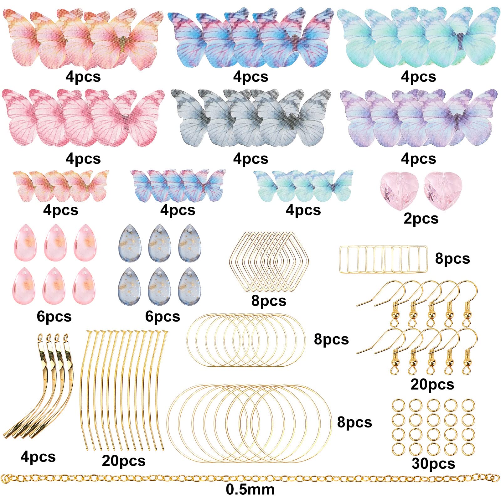 SUNNYCLUE 1 Box DIY 10 Pairs Fabric Butterfly Dangle Earring Making Kit Organza Wings Boho Lightweight Butterfly Charms Crystal Beads for Jewelry Making Kits Crafts Christmas Wedding Gift