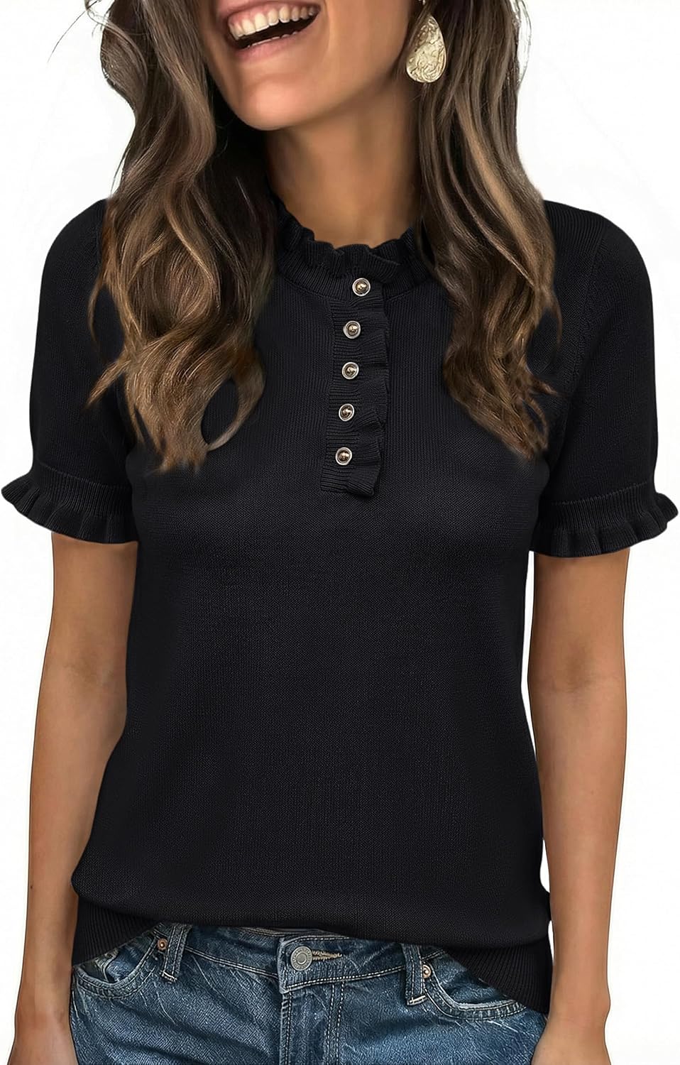 Cicy Bell Womens Puff Short Sleeve Sweater Tops Ruffle Henley Neck Spring Summer Pullover Dressy Casual Knit Shirts