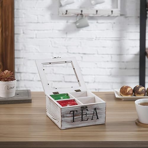 Miniatura 6 de MyGift Caja de almacenamiento de té rústica de madera encalada con 4 compartimentos organizador de bolsas de té con tapa acrílica transparente y