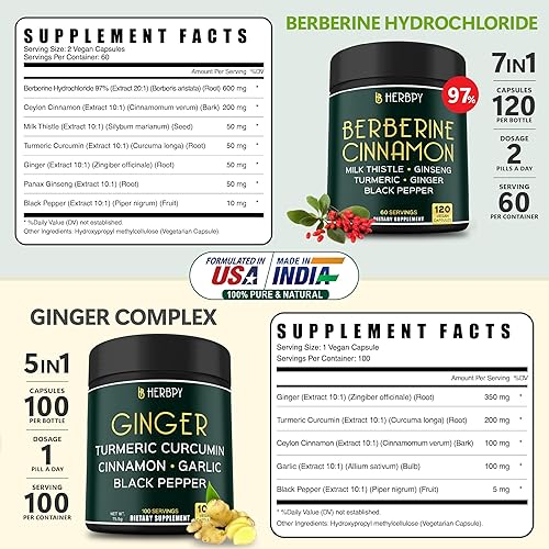 Miniatura 2 de Paquete 7 en 1 16100 mg Berberina HCl y suplemento de jengibre 5 en 1 7550 mg - Apoya la salud inmunológica, la digestión, el corazón y los huesos