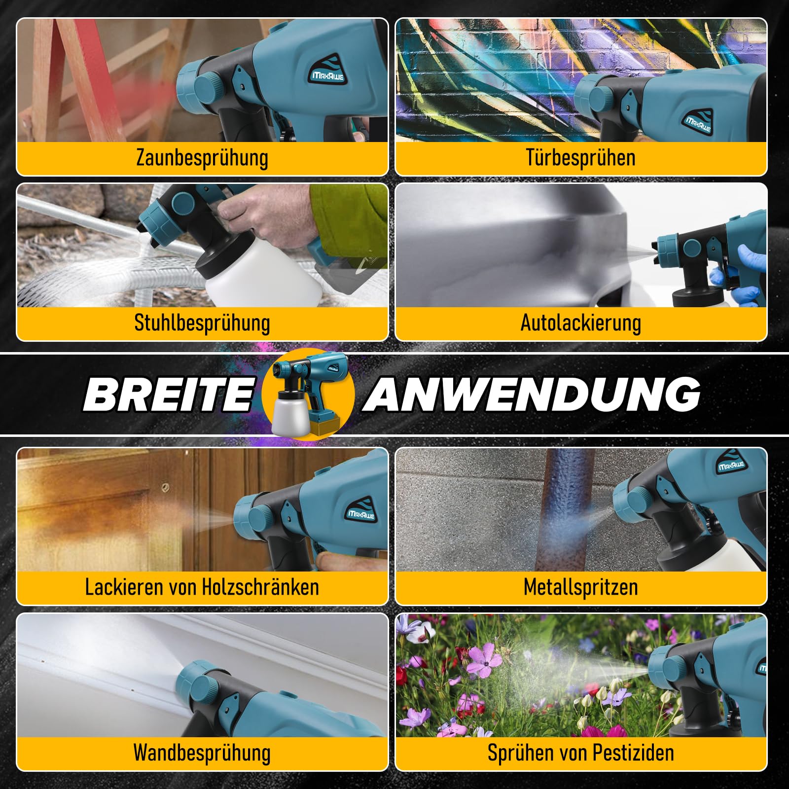 MaxAwe Pistola a spruzzo a batteria elettrica per batterie Makita da 18 V, pistola per verniciatura con 4 ugelli e 3 modelli di spruzzo, pistola a spruzzo per dipingere pareti, recinzione da giardino