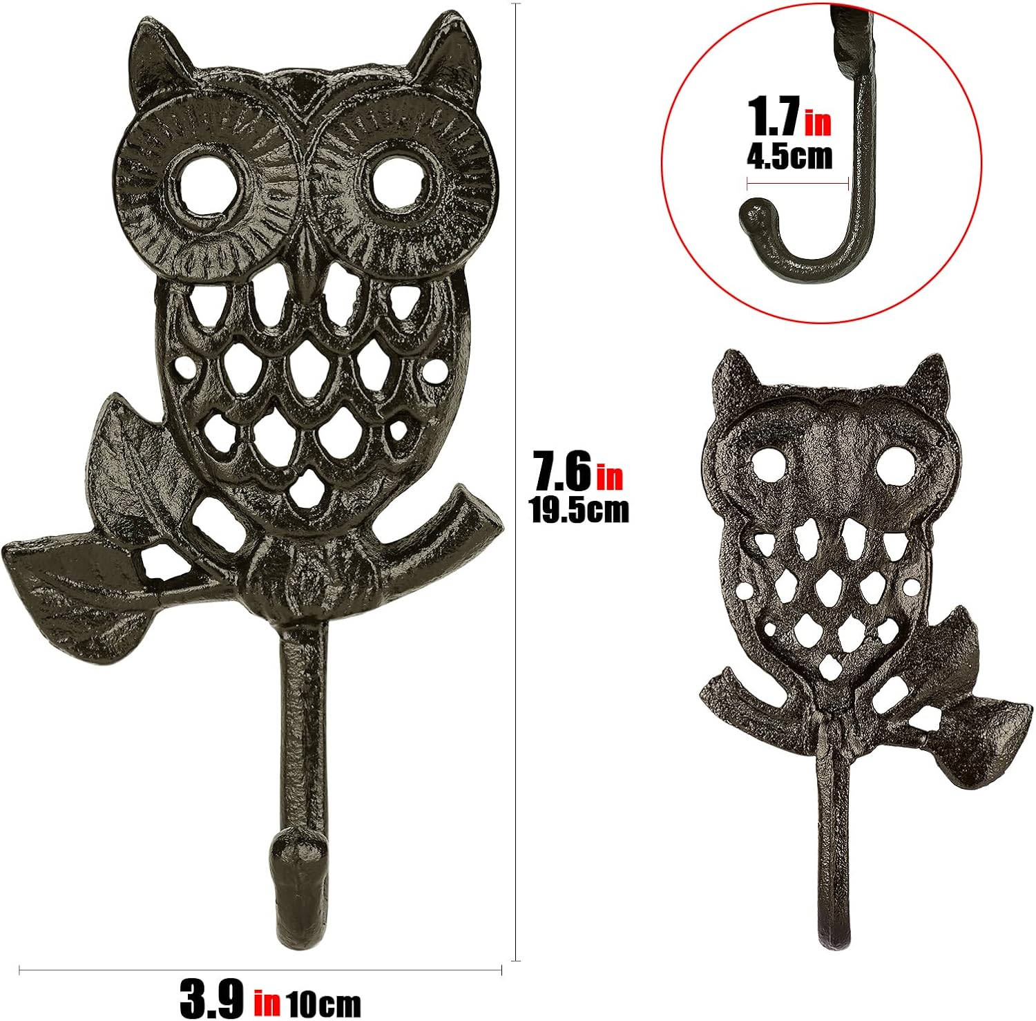 Cast Rustic Iron Hooks Wall Mounted Owl Hook Heavy Duty Coat Hooks Hat Racks Towel Hooks Decorative Gift Hooks for Hanging Towels Clothes, Coats, Hats (Black)