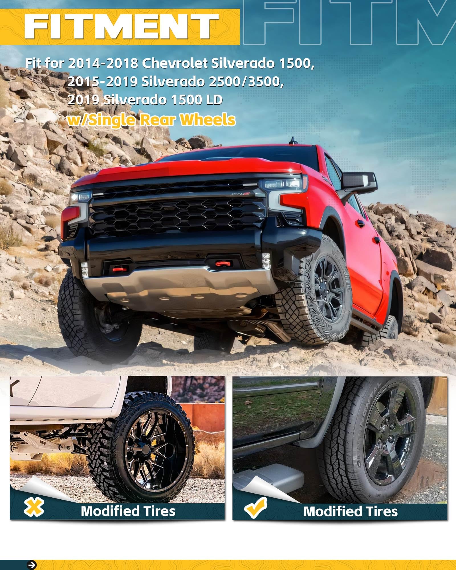 Trumgeta 4PCS Adjustable Truck Mud Flaps Fit for 2014-2018 Chevrolet Silverado 1500, 2015-2019 Silverado 2500/3500, 2019 Silverado 1500 LD w/Single Rear Wheels Upgraded Splash Guards Mudflaps