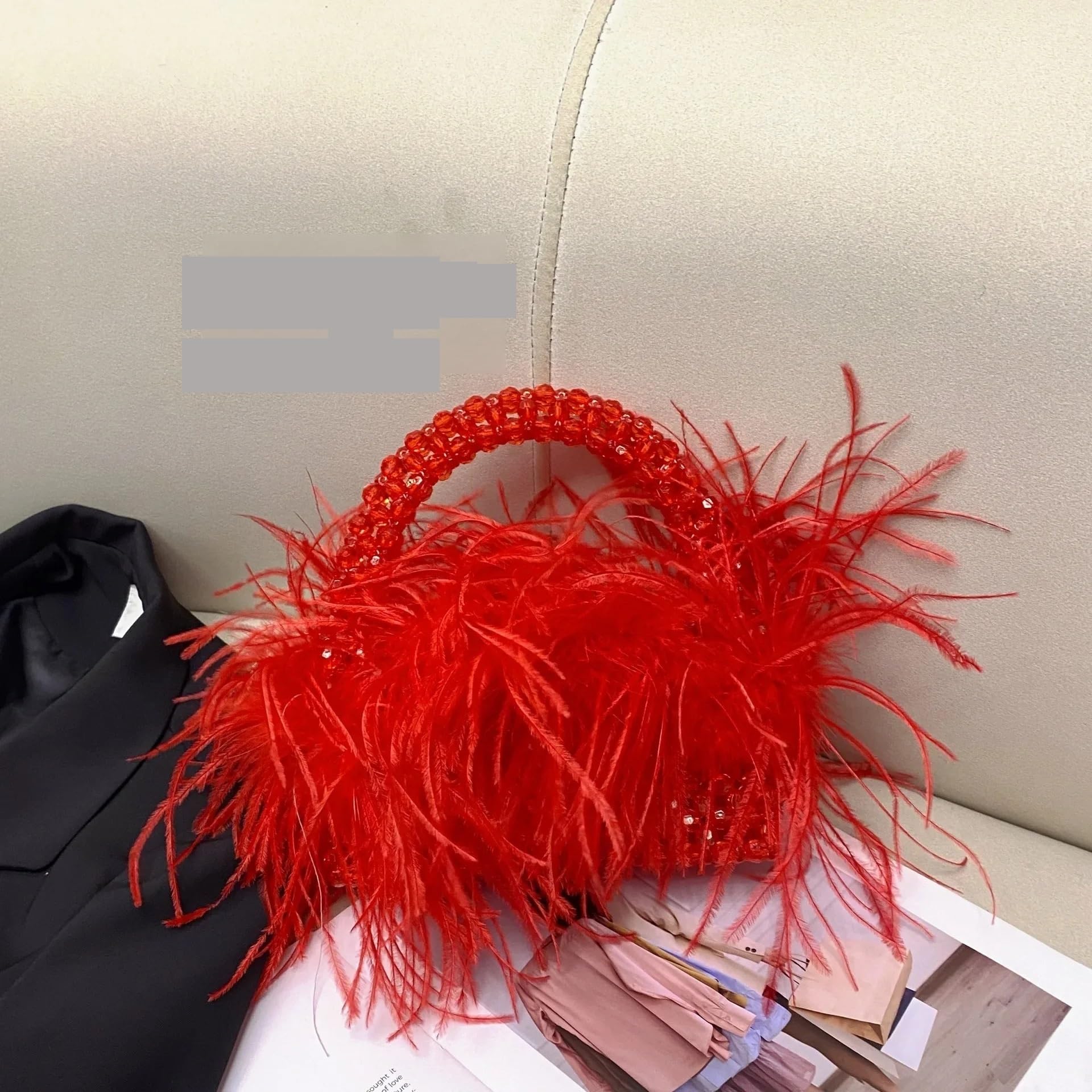 Borsa Piume Borsa a mano con perline di piume, mini borsa quadrata, a tracolla rigida, tote, alla moda per festa