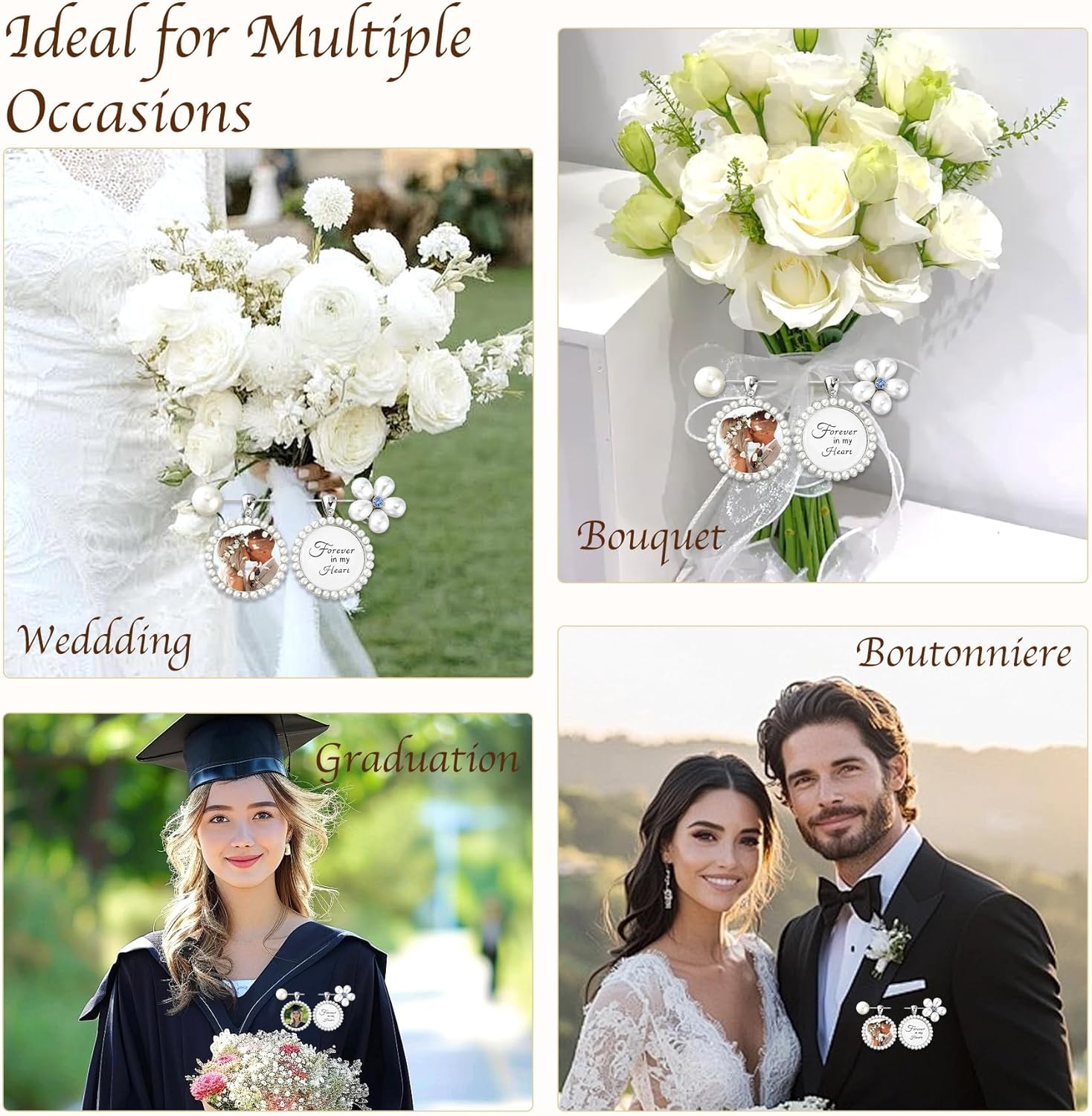 Wedding Bouquet Photo Charms Something Blue Gift for Bride, Pearl Floral Bouquet Charms for Wedding Memory, Something Blue Bride Memorial Gift, Silvery Bridal DIY Photo Frame Pin - Image 6