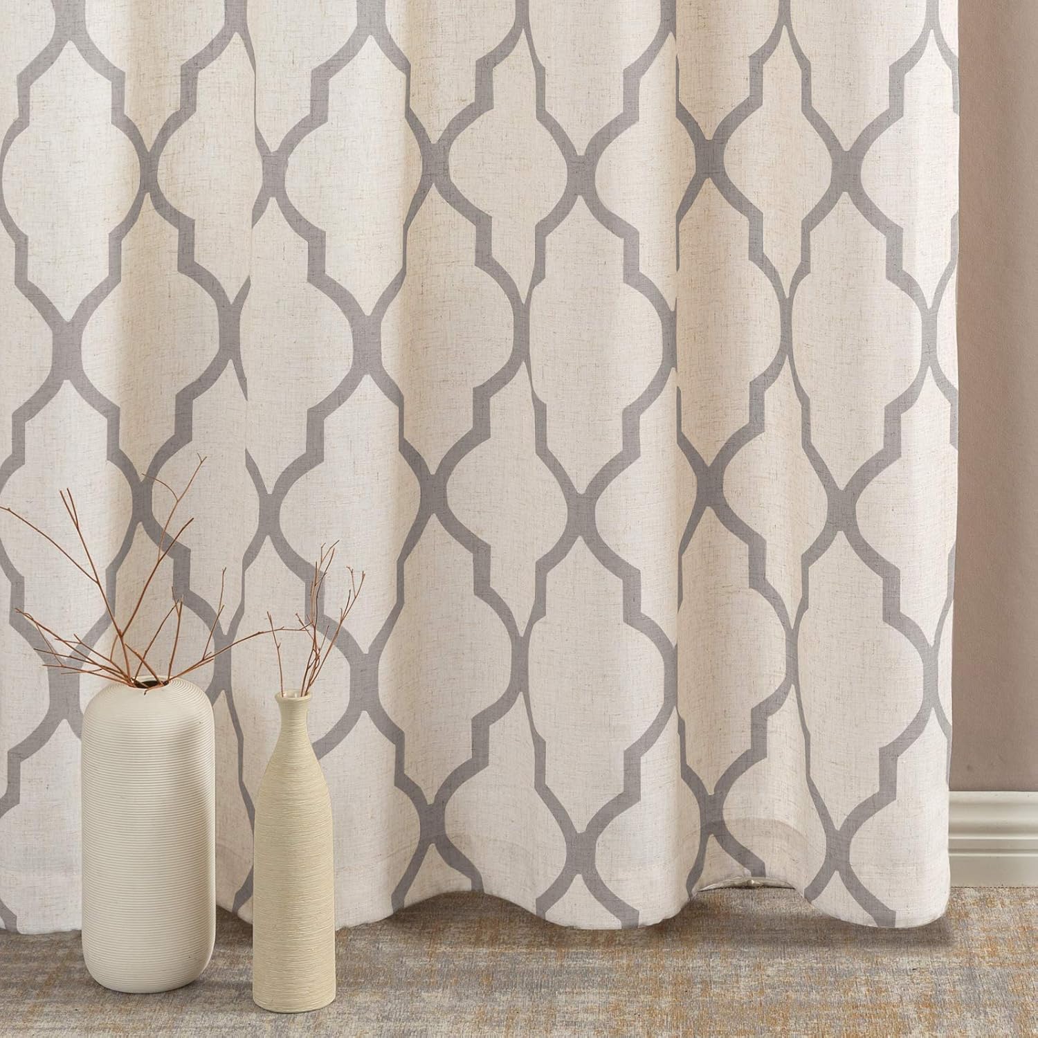 jinchan Linen Moroccan Tile Curtains - Geometric for Bedroom & Living Room, Light Filtering Lattice Drapes - Grommet, 54 Inch Length, 2 Panels Set - Grey on Beige