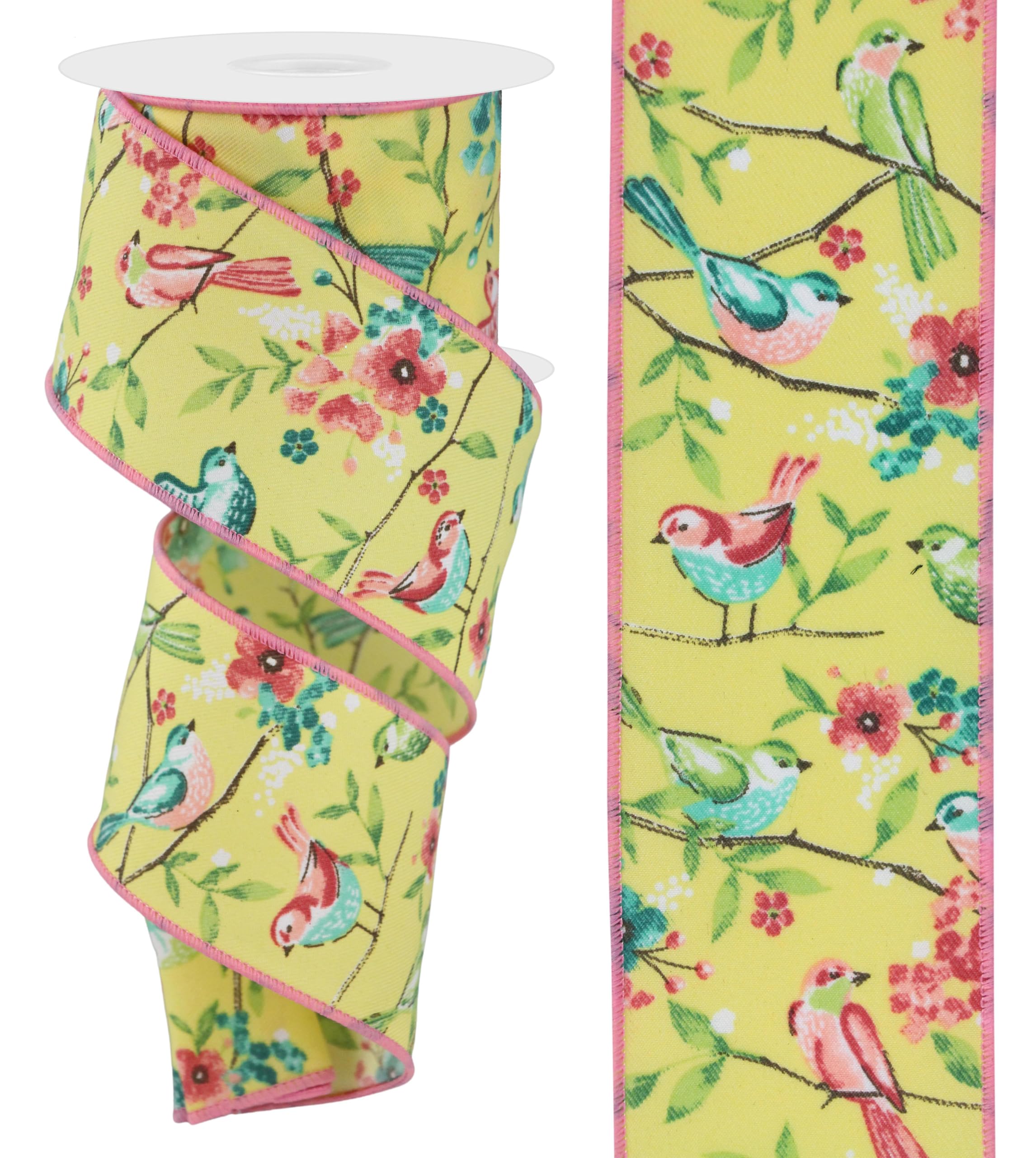 Spring Birds & Branches Ribbon with Stripe Wired Edge - 2.5" x 10 Yards (Pale Yellow, Multi)