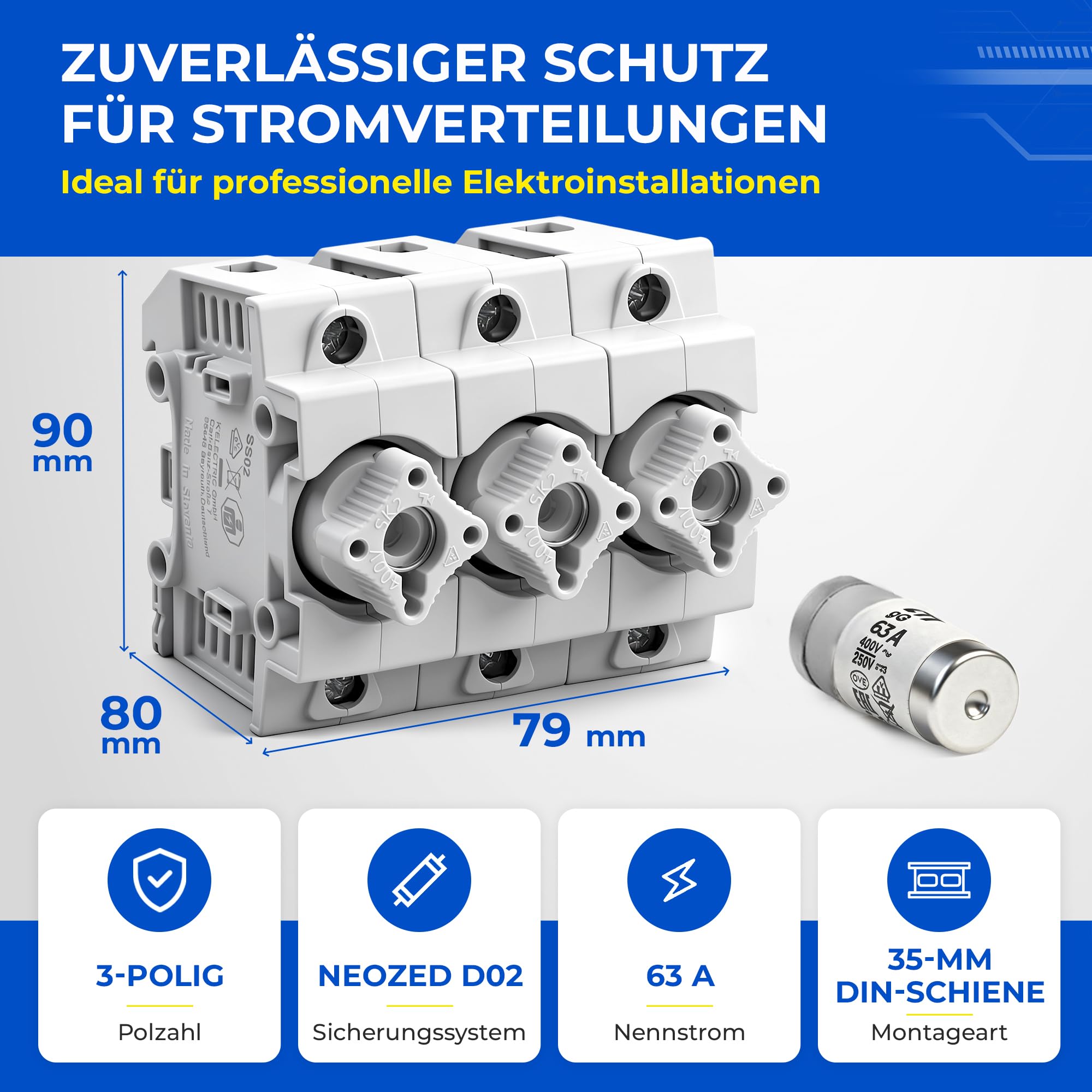 grenda-hammer® | Neozed Sicherungssockel mit Schraubkappen und 3x Schmelzsicherungen (D02-3x63 Ampère (kupfer))