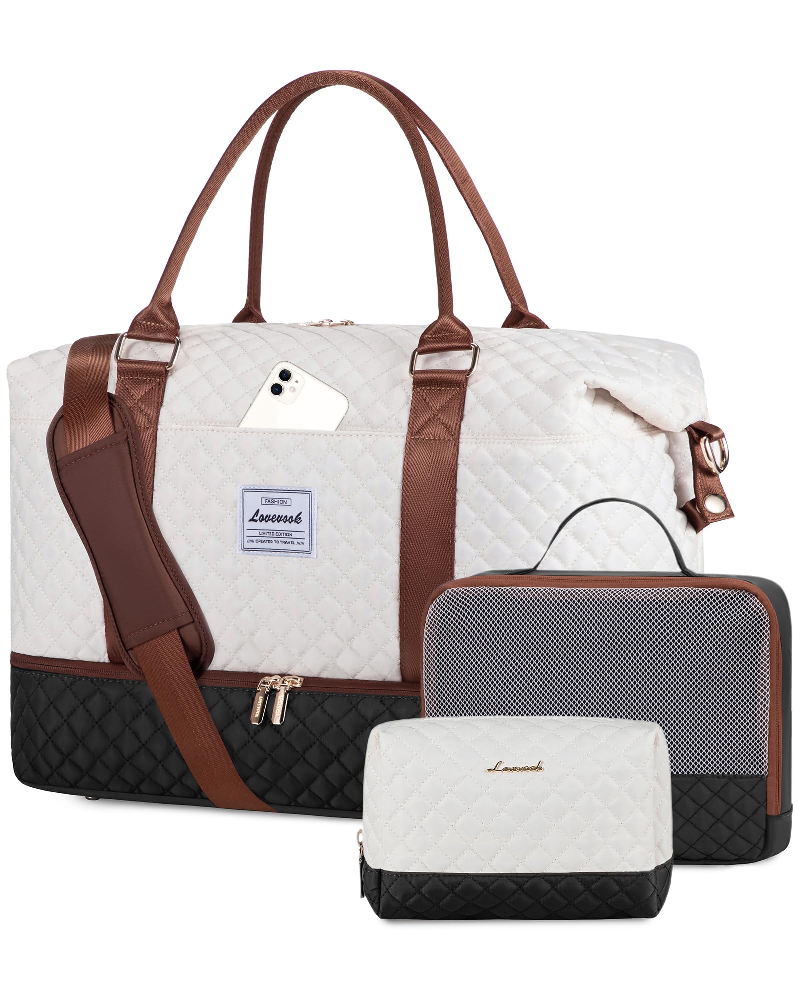 Foto de LOVEVOOK Bolsa de fin de semana para mujer, bolsa de viaje con bolsillo húmedo, bolsa de mano y compartimento para zapatos, bolsa de hospital, 3 piezas, Beige/Negro/Castaño, Viajes (imagen 1)