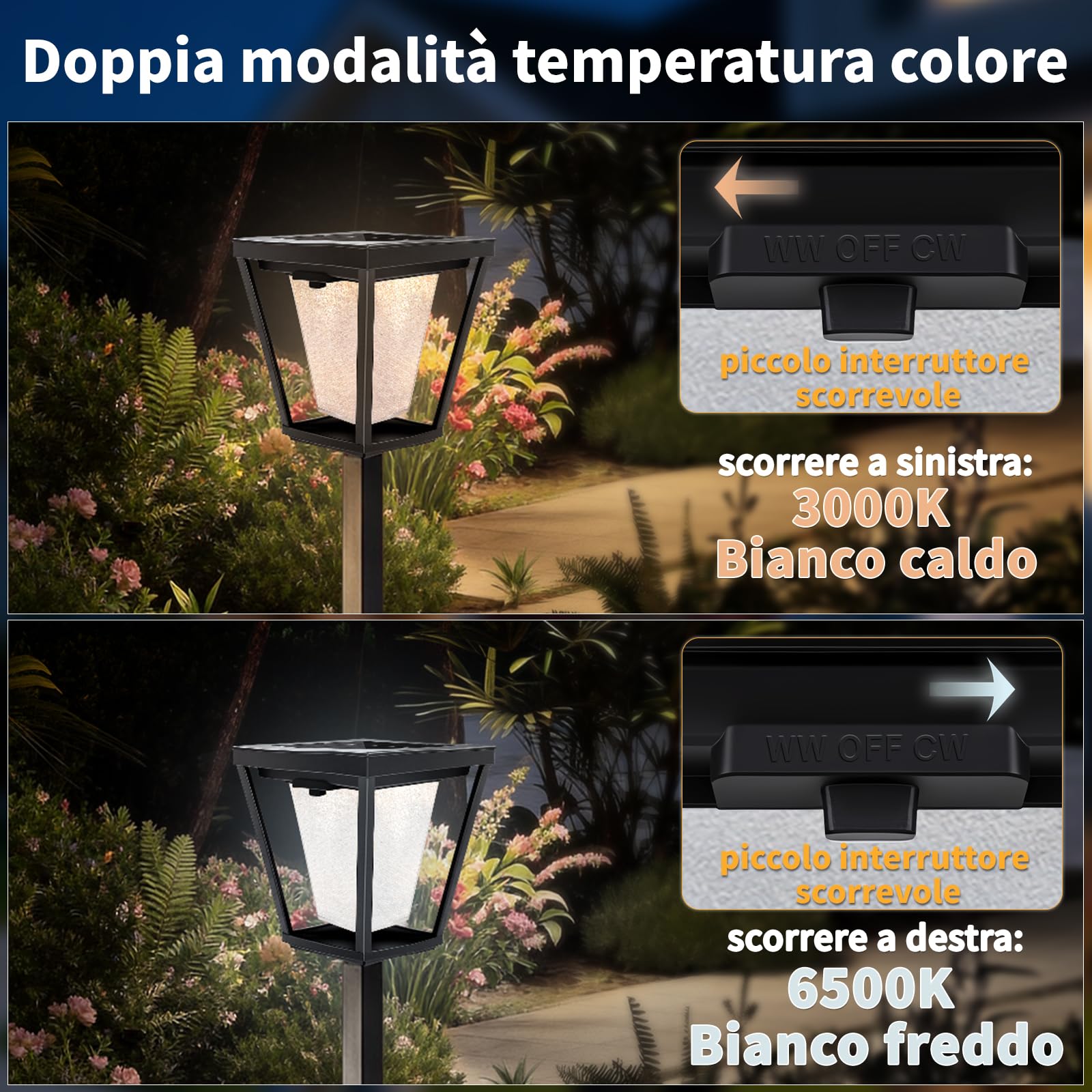 BRIMAX Lampade Solari da Giardino con Picchetto, 3000K/6000K Regolabili | 4 pezzi, IP65 impermeabili, accensione automatica, per vialetto, terrazza, giardino, sentiero, decorazione esterna