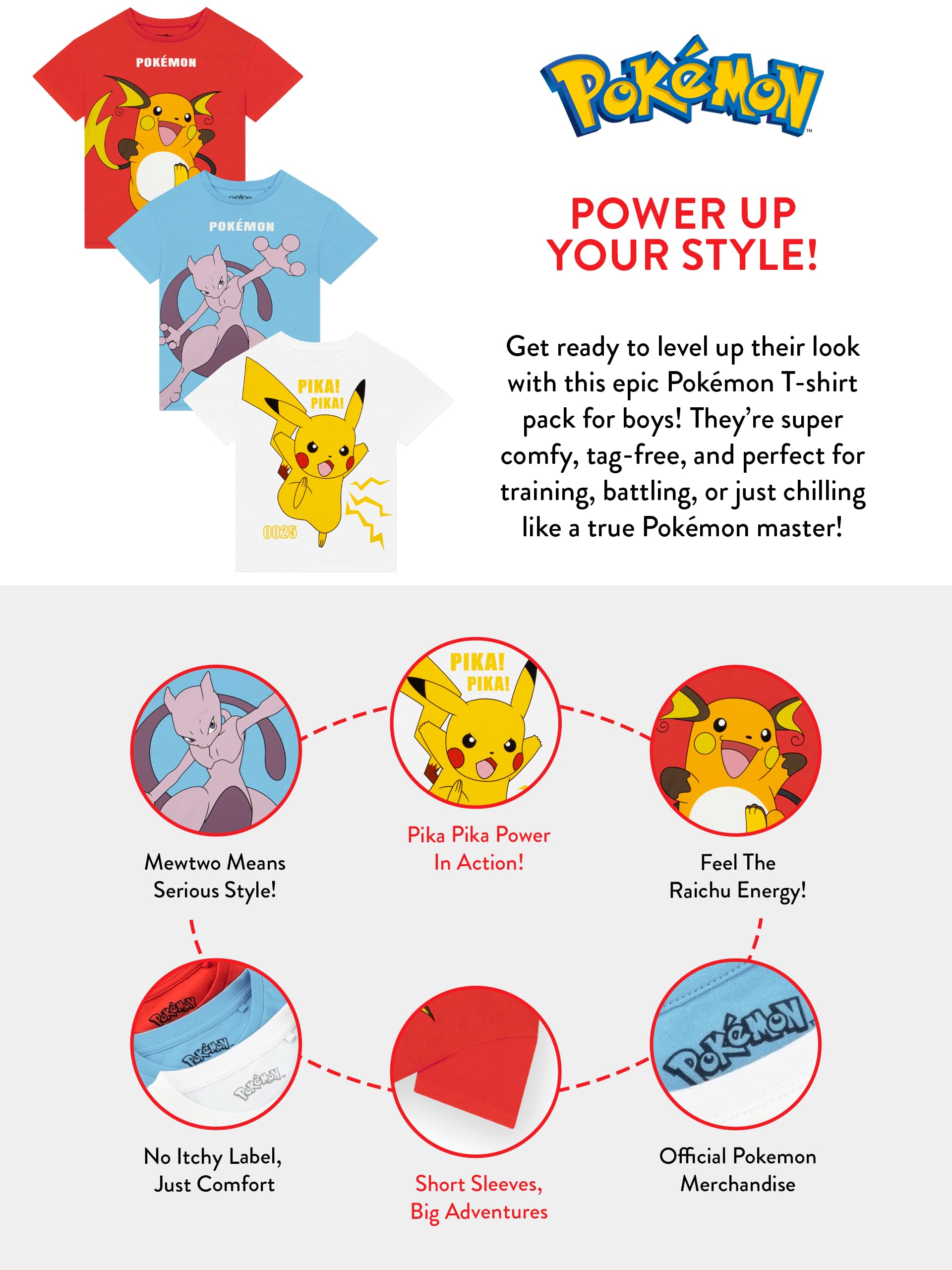Pokémon T Shirt Bambino, Maglietta Ragazzo Pikachu Raichu E MewTwo, T-Shirt Bambini