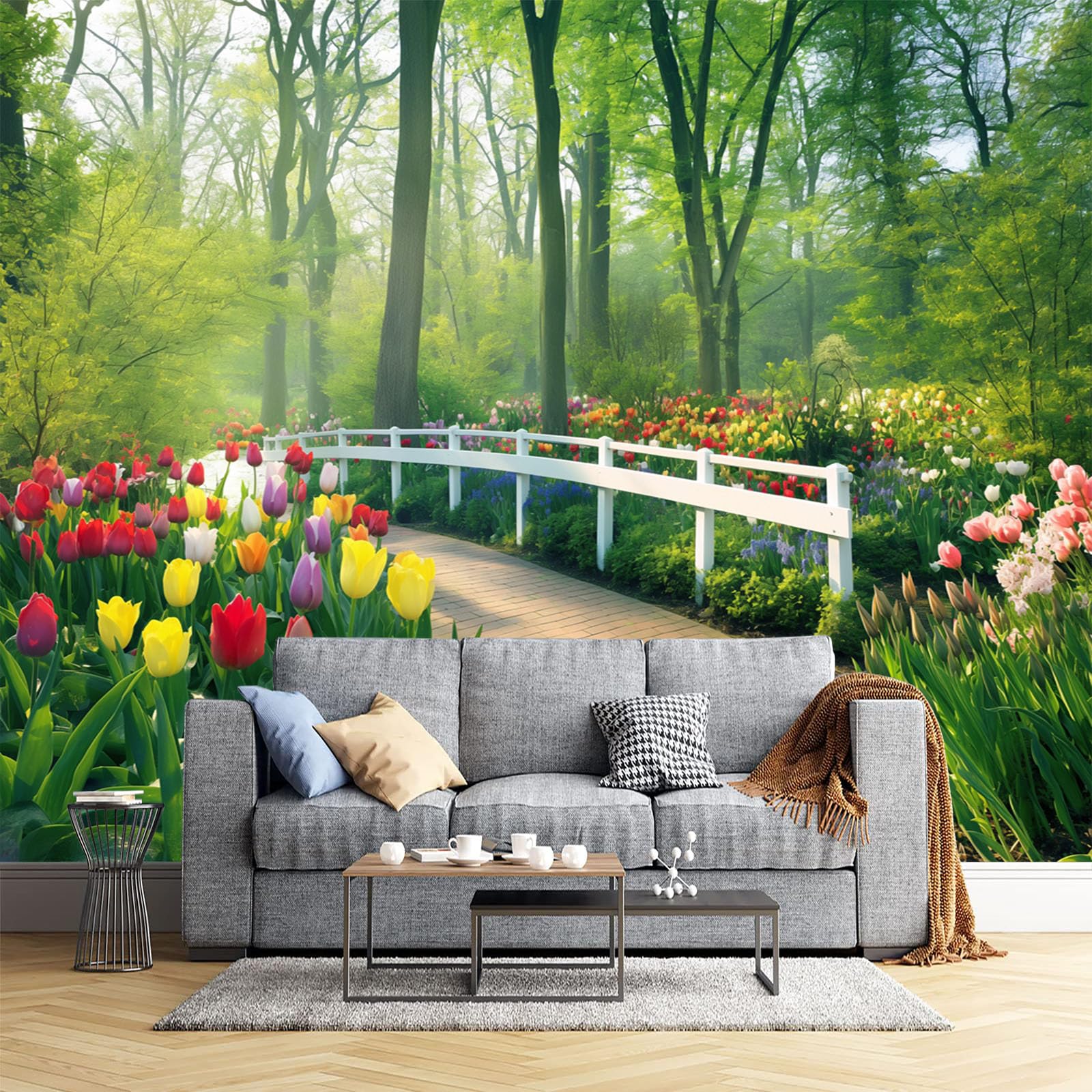 Paysage verdoyant forêt de tulipes fresque murale en soie premium