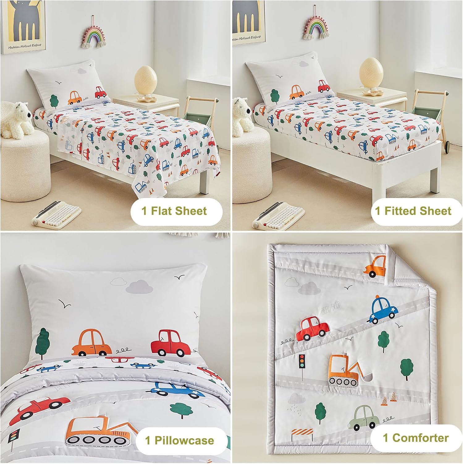DuShow 4 Pieces Cars Toddler Bedding Set for Boys,Soft Toddler Bed Set in a Bag,Toddler Bed Comforter Set Includes Quilted Comforter, Flat Sheet, Fitted Sheet and Pillowcase