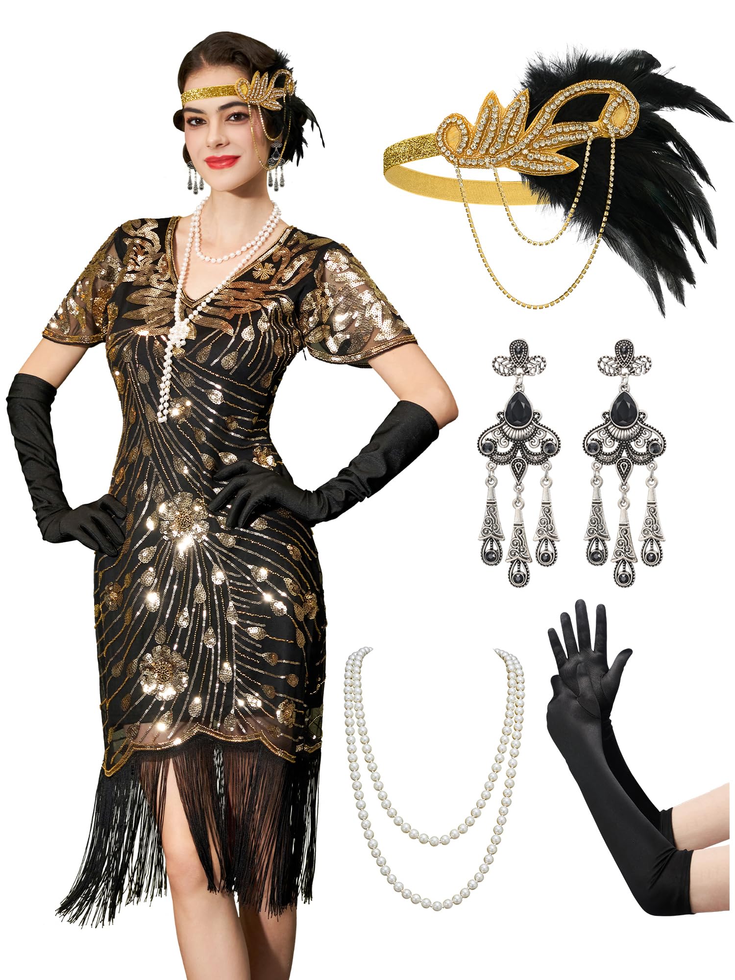 Photo 1 of YESSA Flapper Dresses 1920s Dress for Women,Lace Neck Great Gatsby Dresses for Women Roaring 20s Dress With Sleeve for Harlem Nights/Cocktail/Party-1920s Costumes,Black Gold,XX-Large