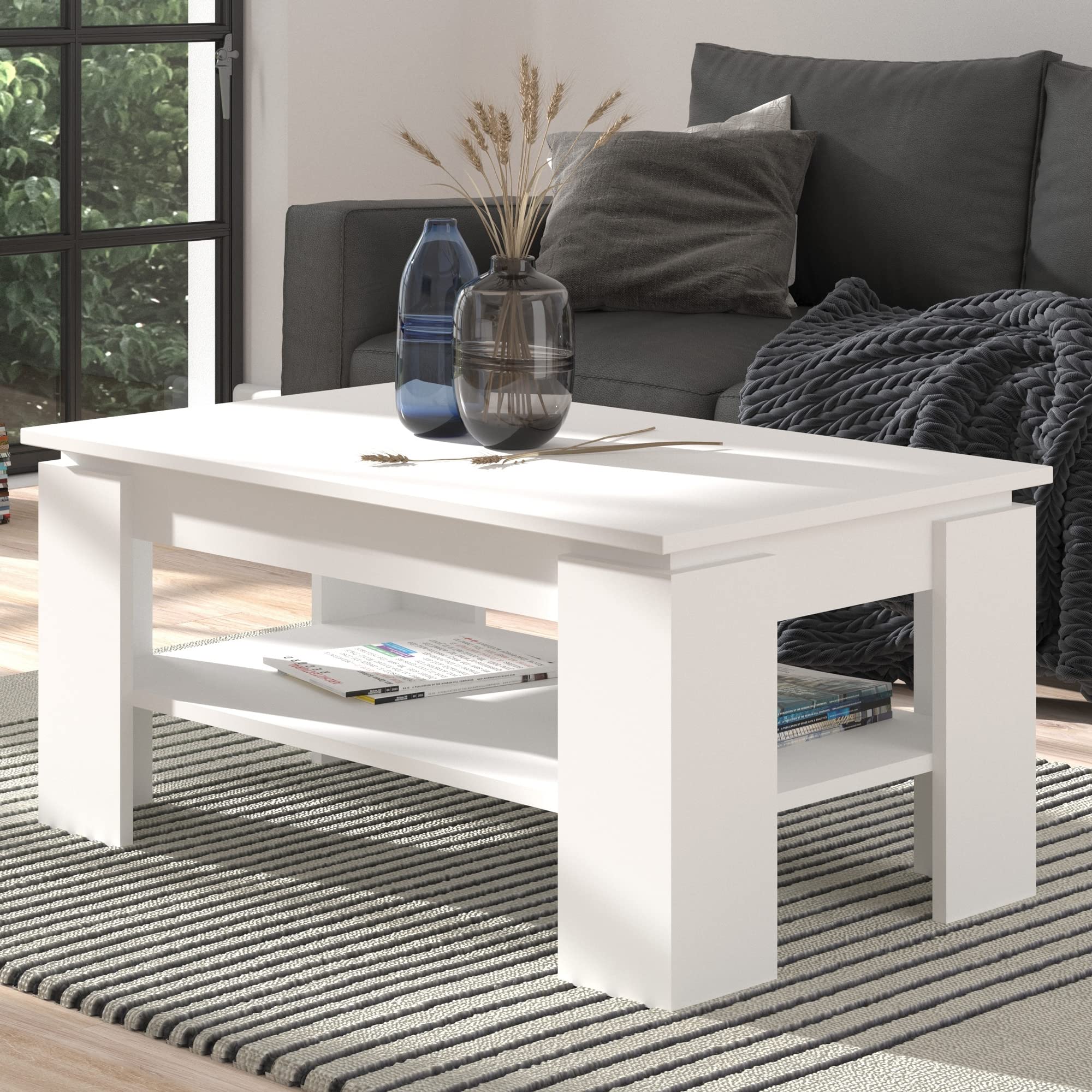 Newroom Couchtisch Weiß modern mit Ablage Wohnzimmertisch Sofatisch | Ablagefach unter der Tischplatte, Stubentisch, Tisch für die Couch, Holzwerkstoff, für kleines Wohnzimmer und Sofaecke